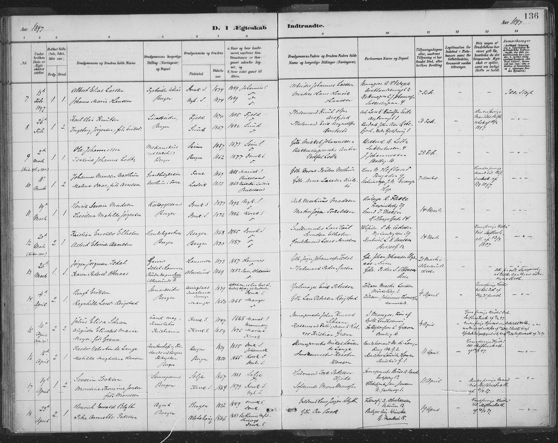 Domkirken sokneprestembete, AV/SAB-A-74801/H/Hab/L0032: Parish register (copy) no. D 4, 1880-1907, p. 136