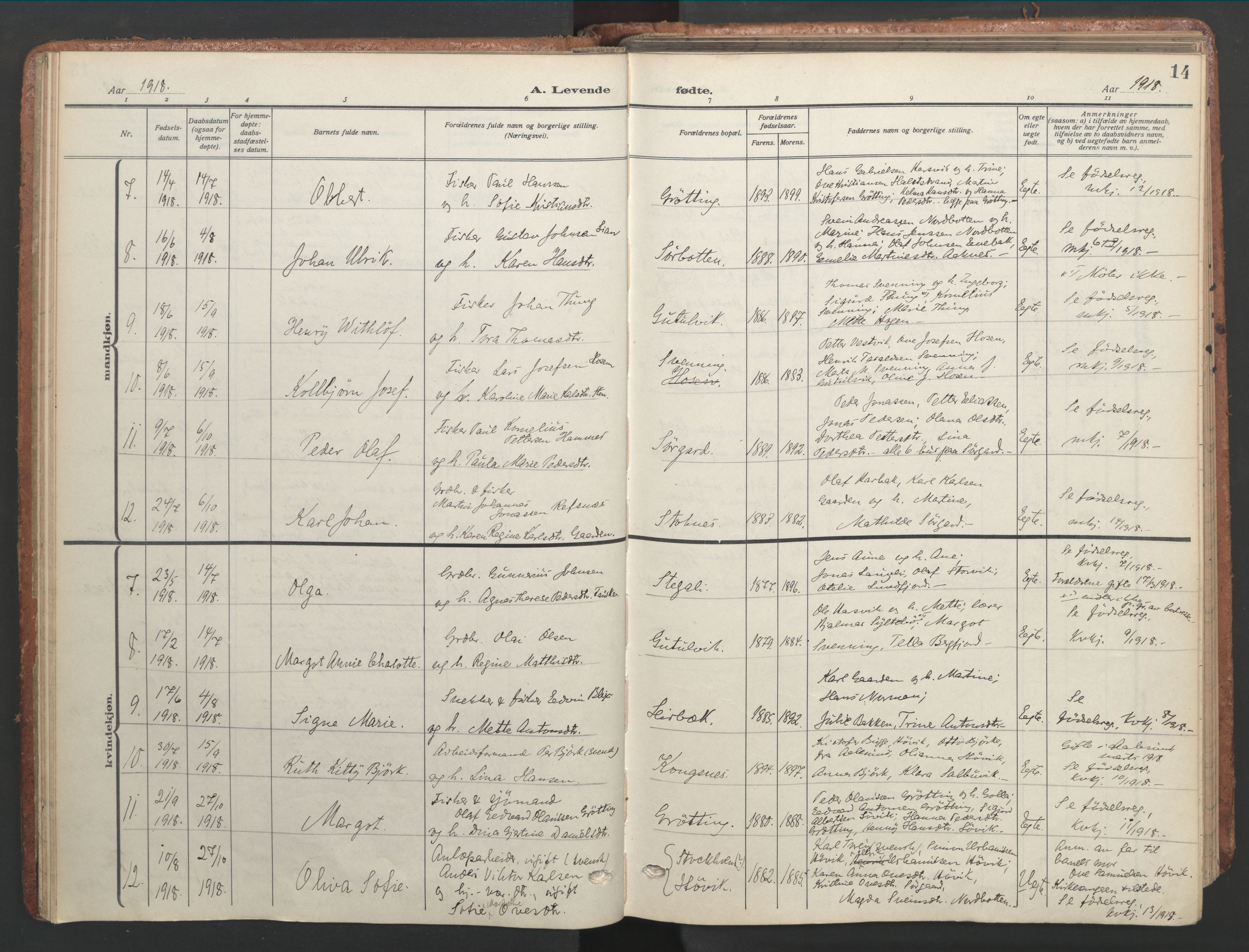 Ministerialprotokoller, klokkerbøker og fødselsregistre - Sør-Trøndelag, SAT/A-1456/656/L0694: Parish register (official) no. 656A03, 1914-1931, p. 14