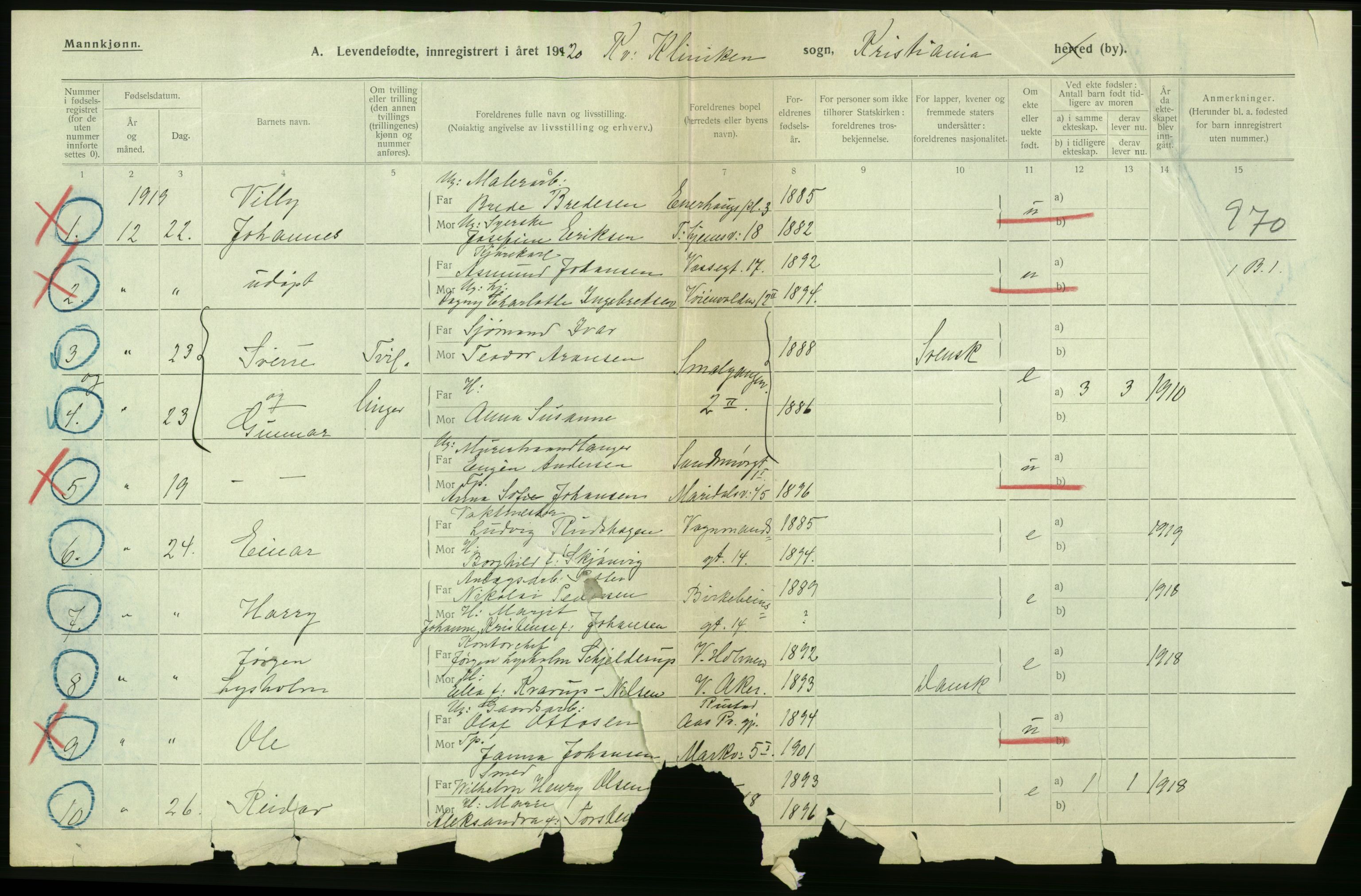 Statistisk sentralbyrå, Sosiodemografiske emner, Befolkning, RA/S-2228/D/Df/Dfb/Dfbj/L0008: Kristiania: Levendefødte menn og kvinner., 1920, p. 322