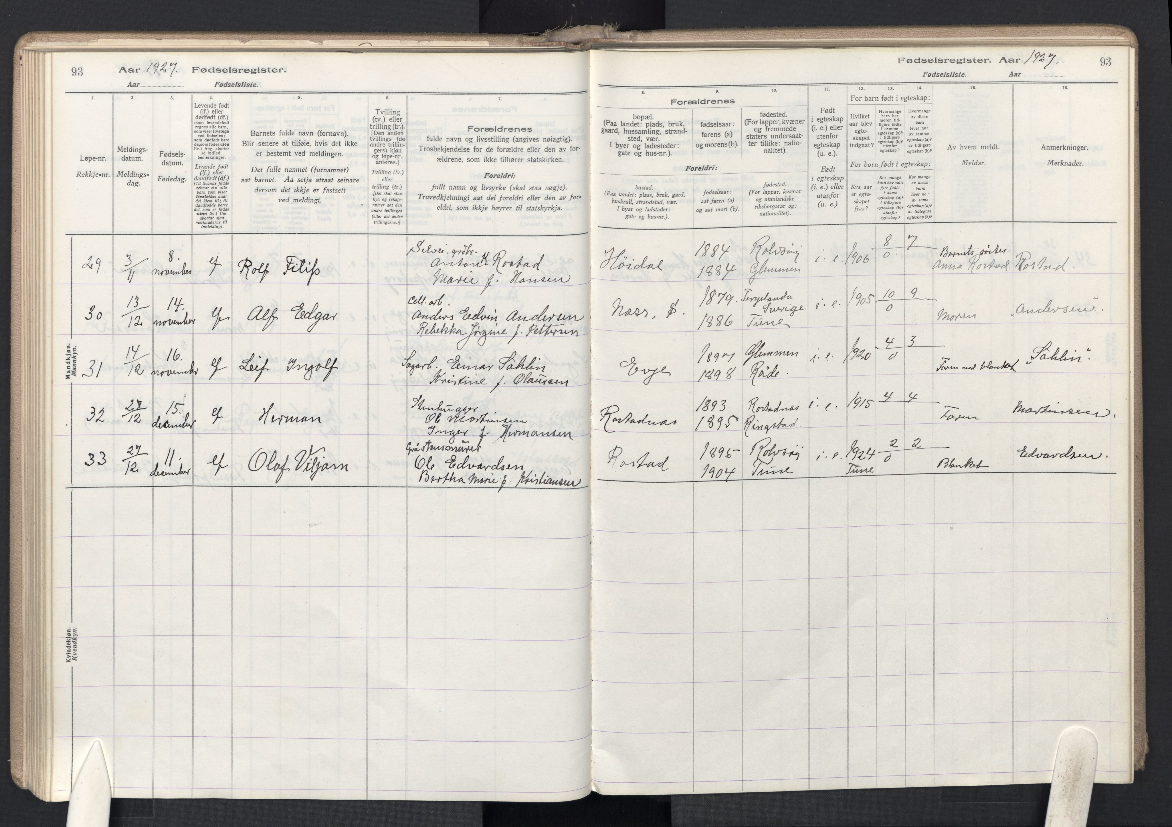 Rolvsøy prestekontor Kirkebøker, AV/SAO-A-2004/J/Ja/L0001: Birth register no. 1, 1916-1946, p. 93