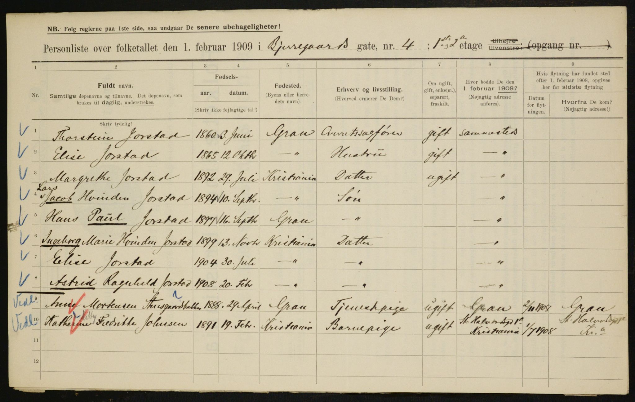 OBA, Municipal Census 1909 for Kristiania, 1909, p. 5162