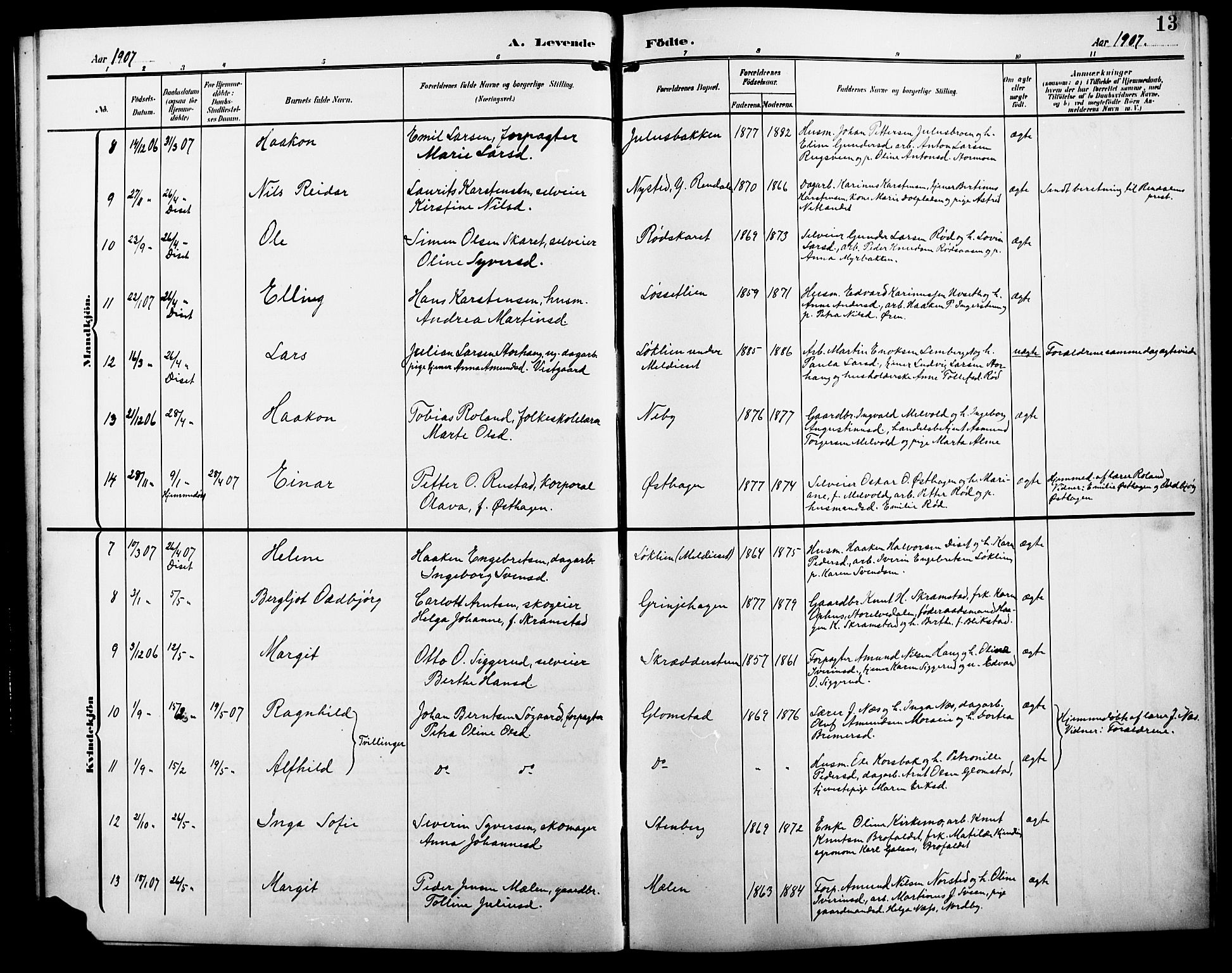Åmot prestekontor, Hedmark, AV/SAH-PREST-056/H/Ha/Hab/L0004: Parish register (copy) no. 4, 1905-1920, p. 13