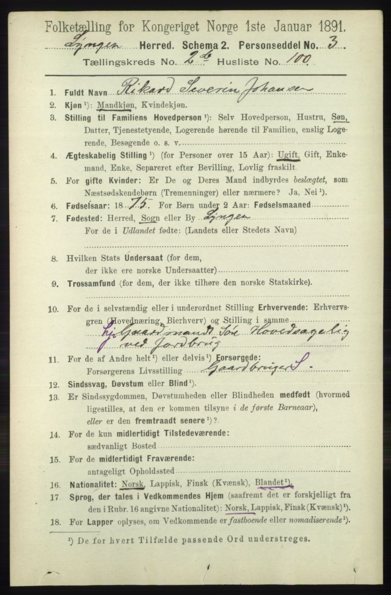 RA, 1891 census for 1938 Lyngen, 1891, p. 3060