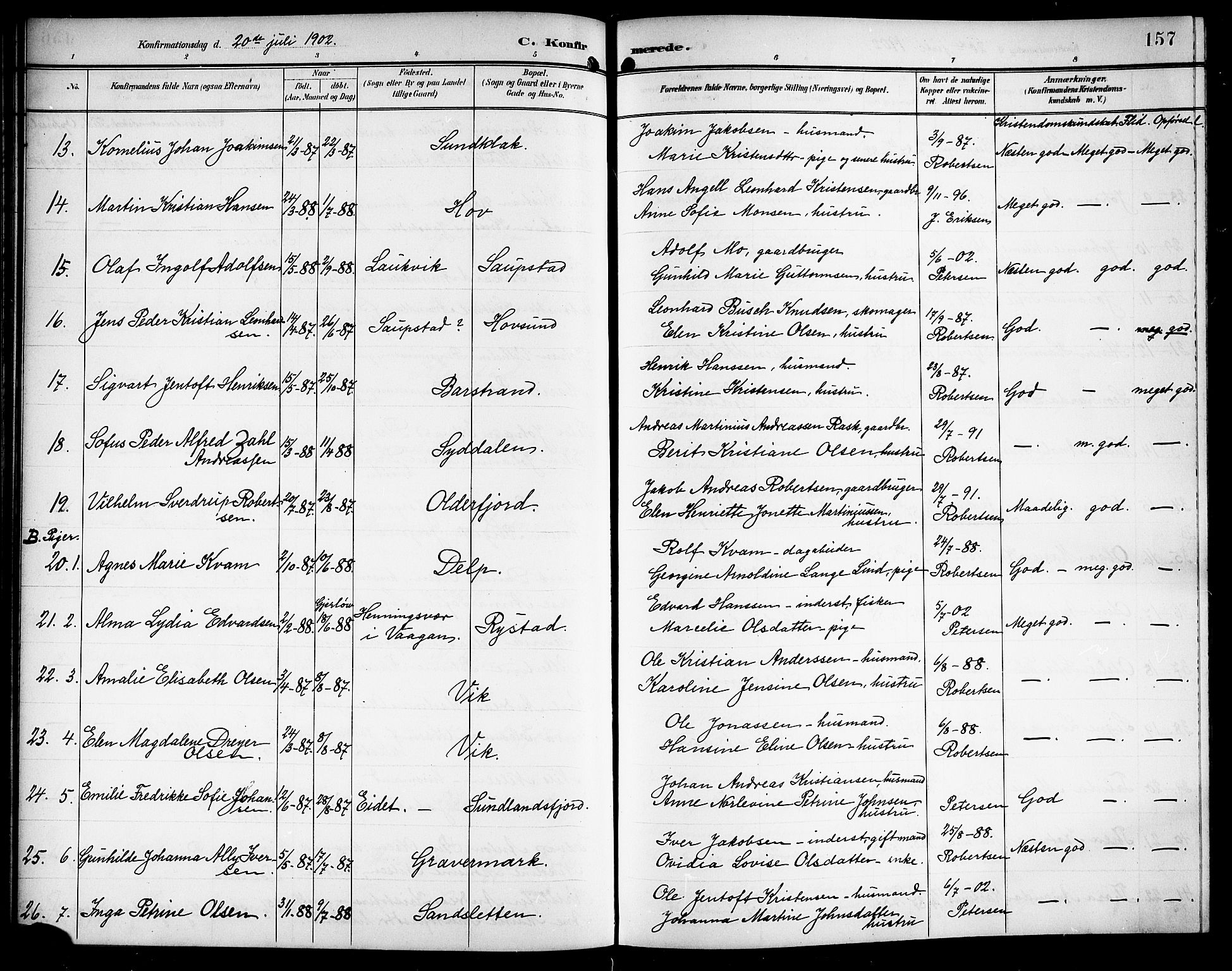 Ministerialprotokoller, klokkerbøker og fødselsregistre - Nordland, AV/SAT-A-1459/876/L1105: Parish register (copy) no. 876C04, 1896-1914, p. 157