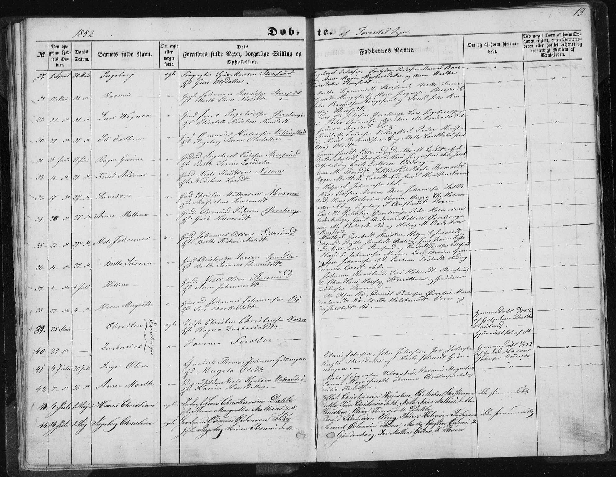 Torvastad sokneprestkontor, SAST/A -101857/H/Ha/Haa/L0008: Parish register (official) no. A 8, 1847-1856, p. 13
