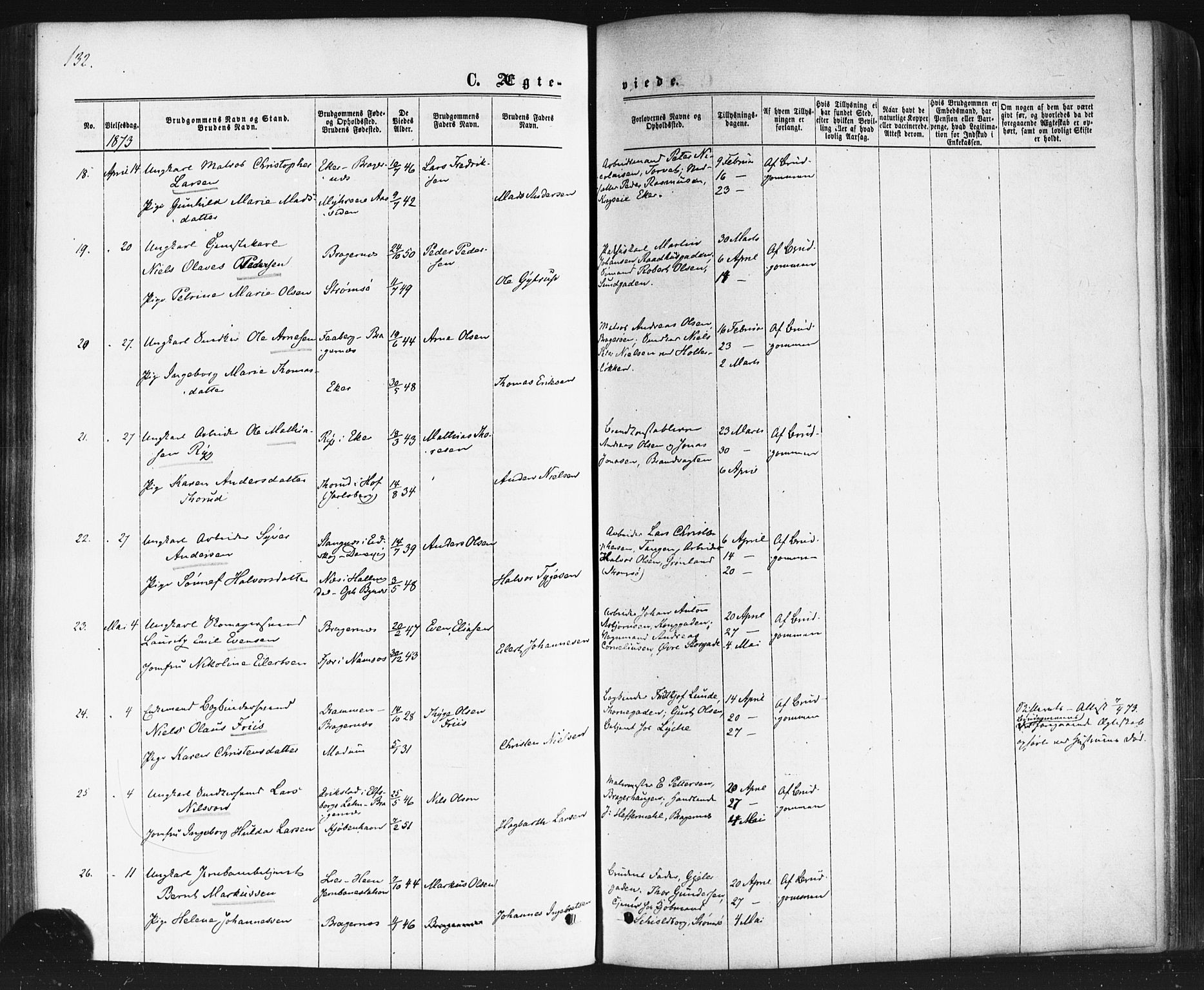 Bragernes kirkebøker, SAKO/A-6/F/Fc/L0003: Parish register (official) no. III 3, 1865-1874, p. 132