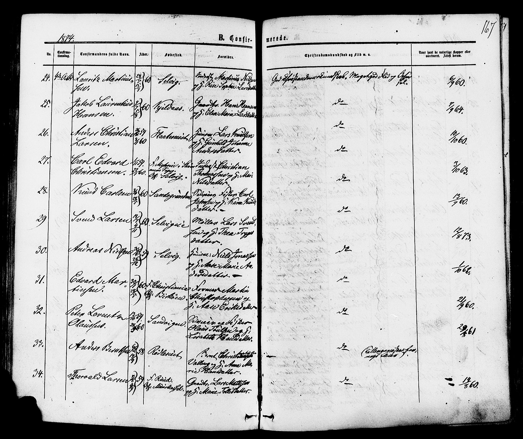 Sande Kirkebøker, SAKO/A-53/F/Fa/L0005: Parish register (official) no. 5, 1865-1877, p. 167