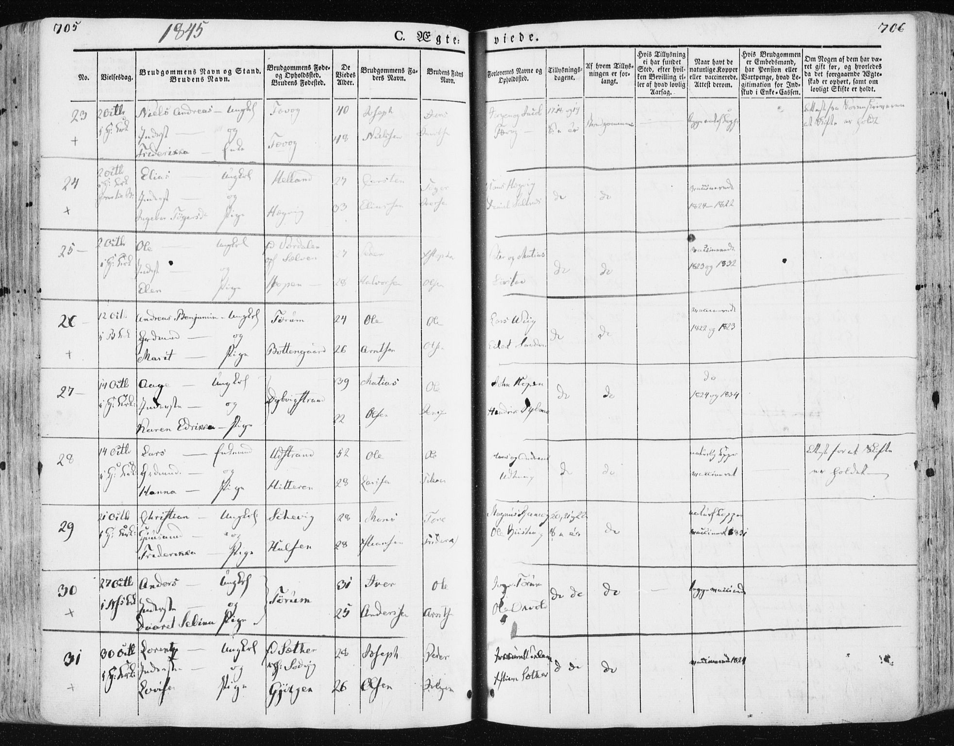 Ministerialprotokoller, klokkerbøker og fødselsregistre - Sør-Trøndelag, SAT/A-1456/659/L0736: Parish register (official) no. 659A06, 1842-1856, p. 705-706