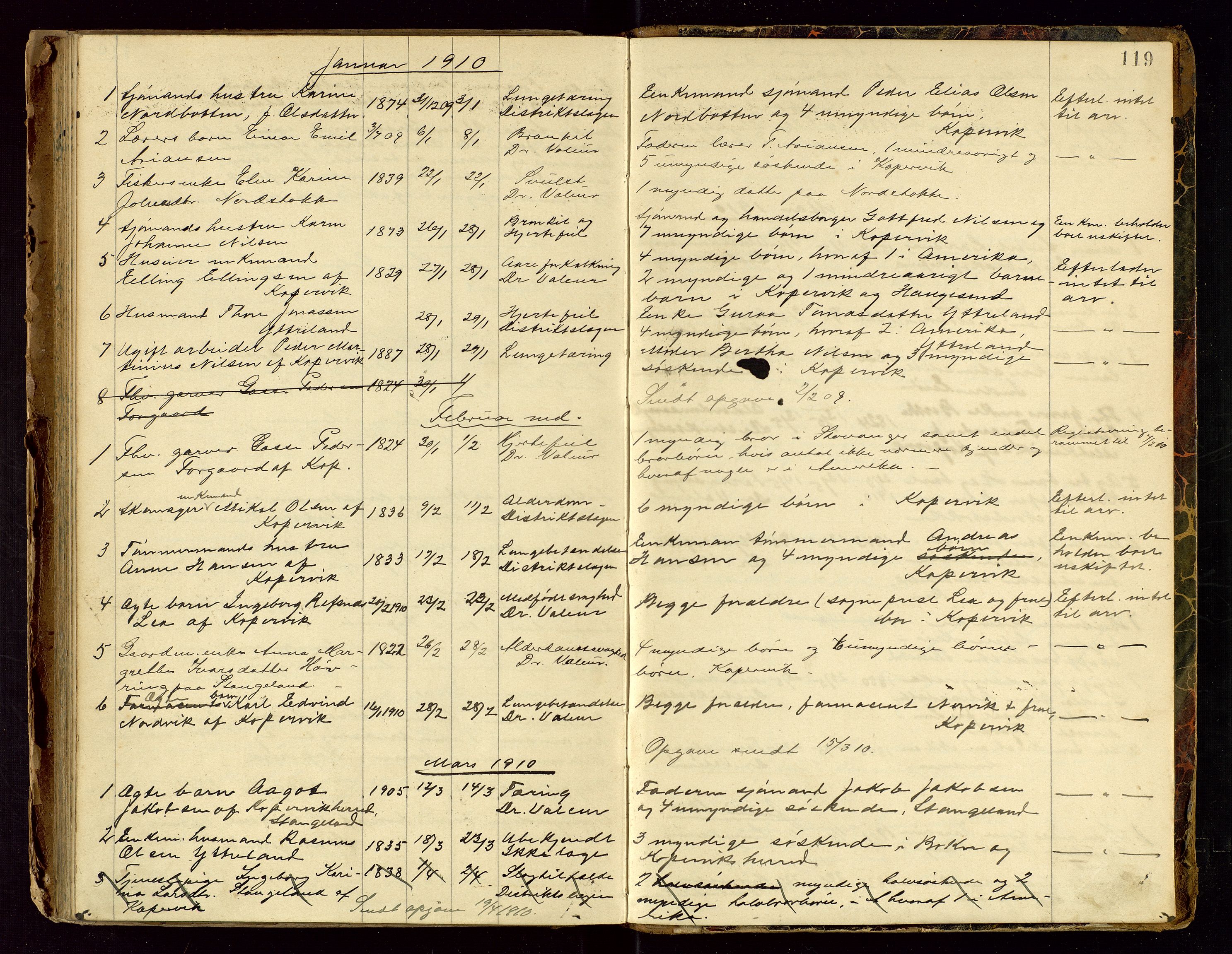 Avaldsnes lensmannskontor, AV/SAST-A-100286/Gga/L0001: Dødsfallsprotokoll for Avaldsnes prestegjeld og Kopervik sokn, 1897-1916, p. 119