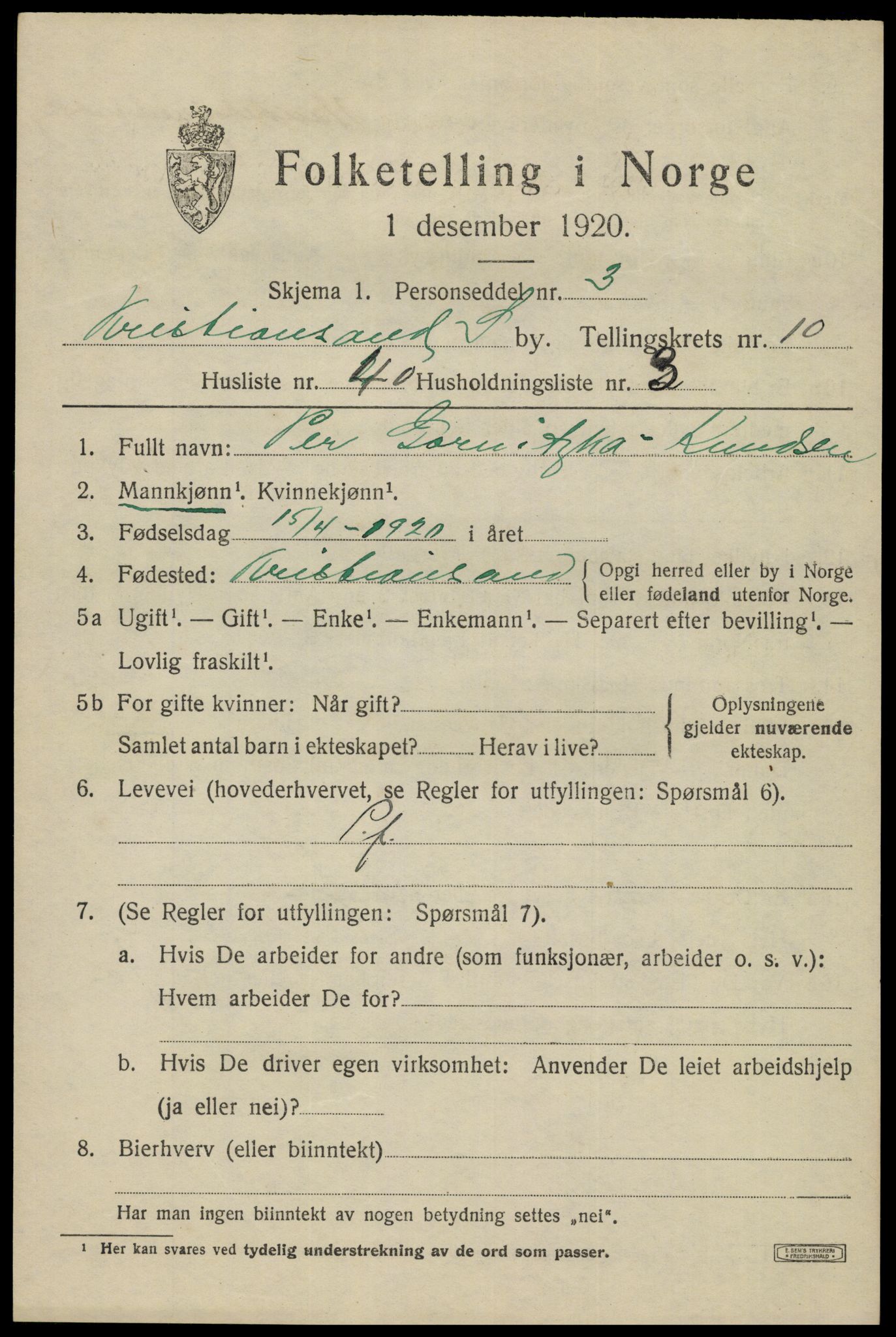 SAK, 1920 census for Kristiansand, 1920, p. 29485