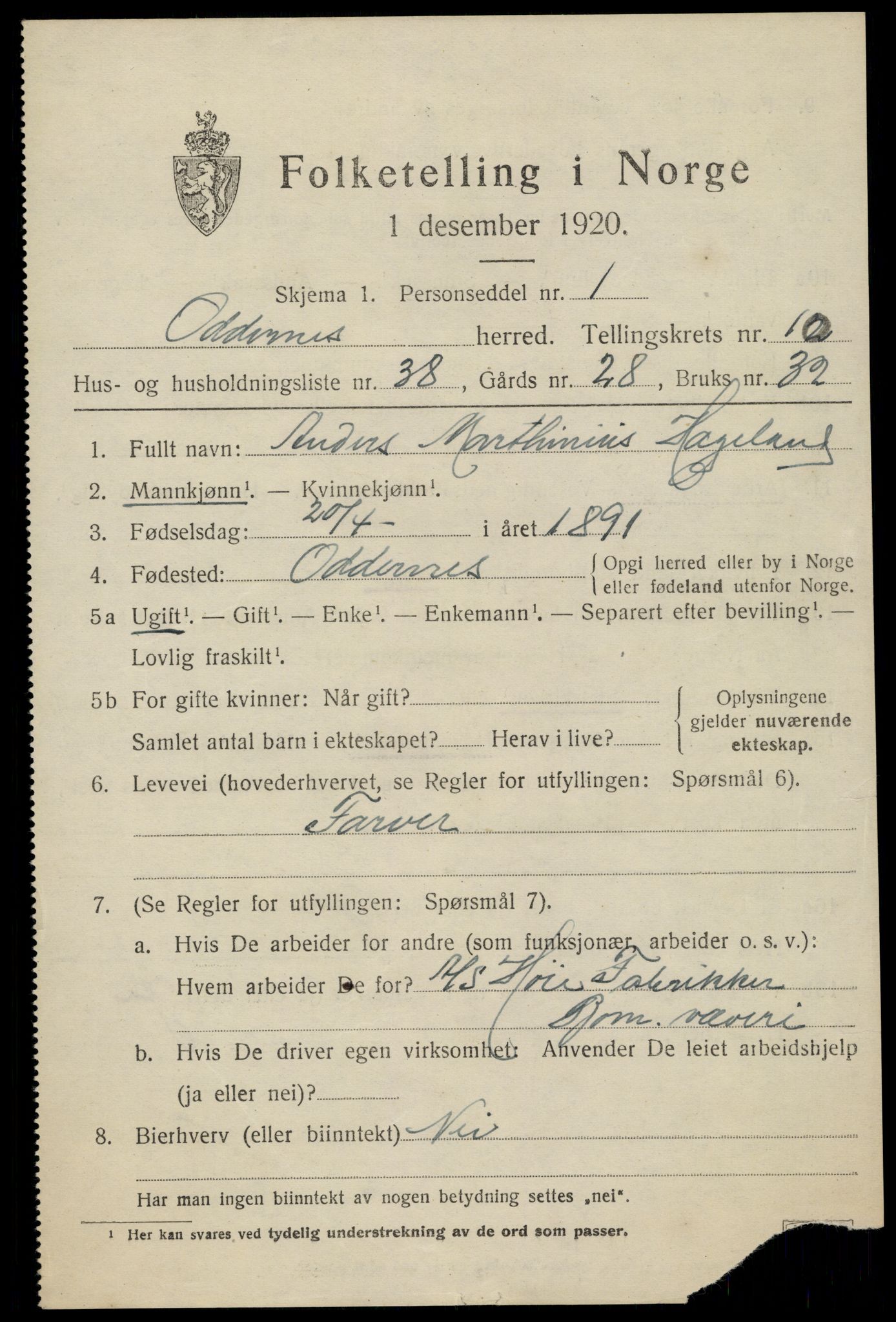 SAK, 1920 census for Oddernes, 1920, p. 6839