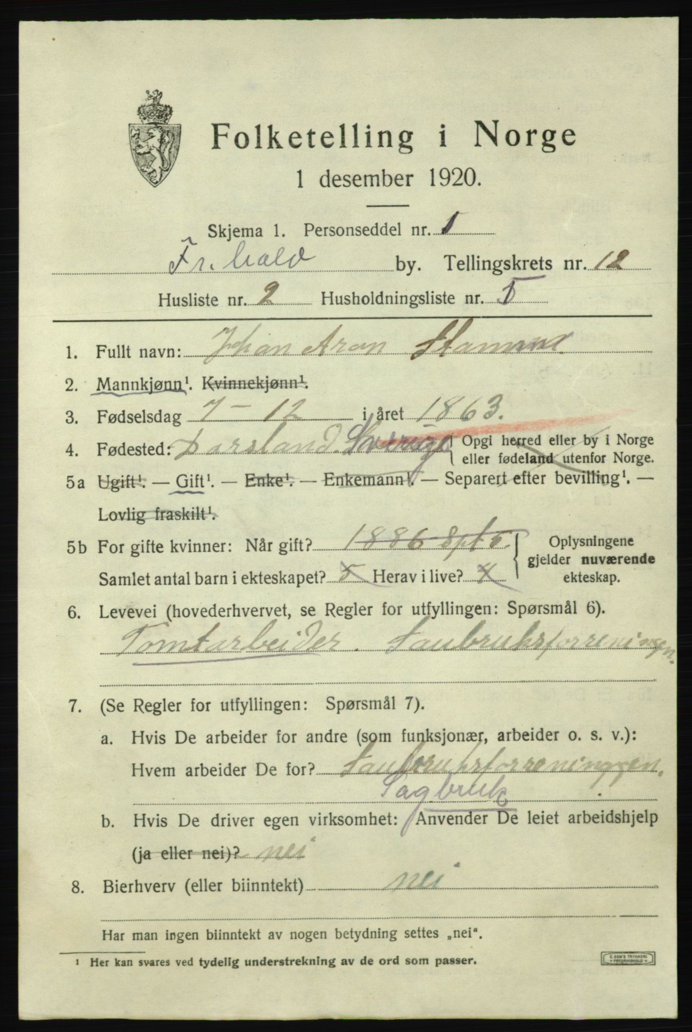 SAO, 1920 census for Fredrikshald, 1920, p. 19879