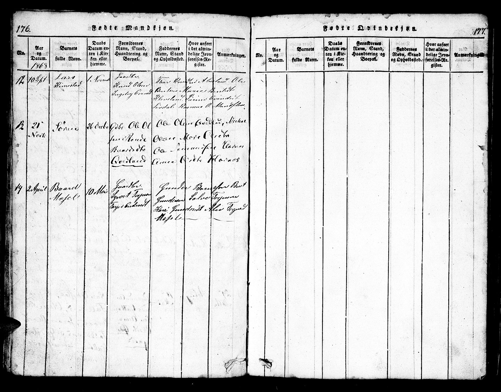 Bjelland sokneprestkontor, AV/SAK-1111-0005/F/Fb/Fbb/L0003: Parish register (copy) no. B 3, 1816-1868, p. 176-177