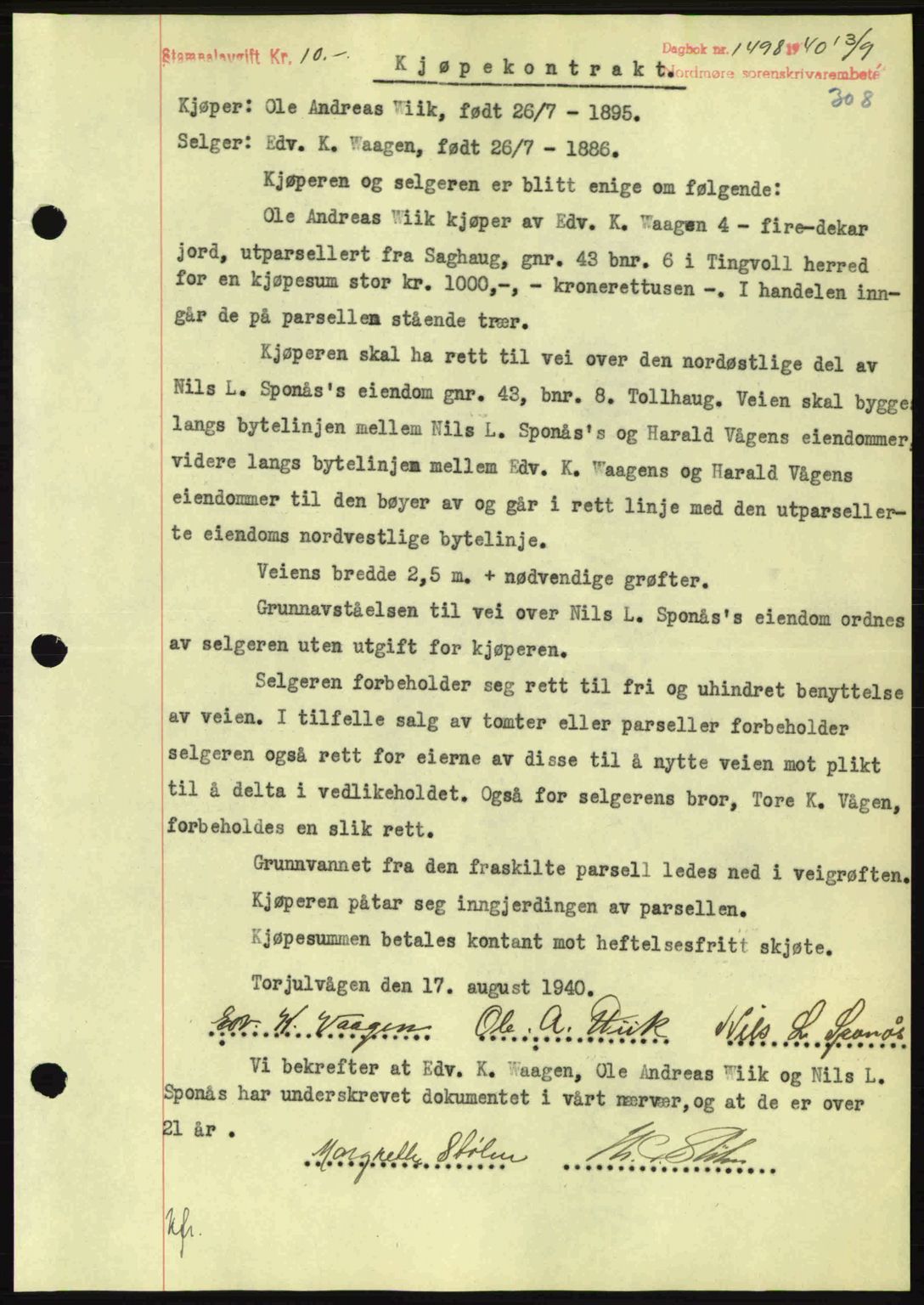 Nordmøre sorenskriveri, AV/SAT-A-4132/1/2/2Ca: Mortgage book no. B87, 1940-1941, Diary no: : 1498/1940