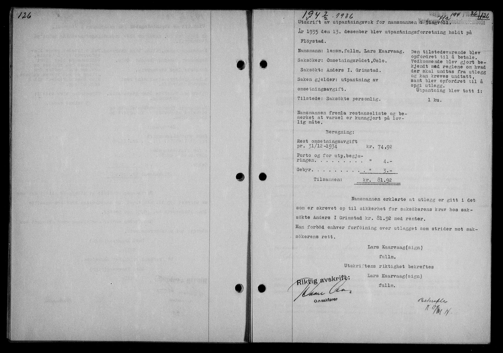 Nordmøre sorenskriveri, AV/SAT-A-4132/1/2/2Ca/L0087: Mortgage book no. 77, 1935-1936, Deed date: 07.02.1936