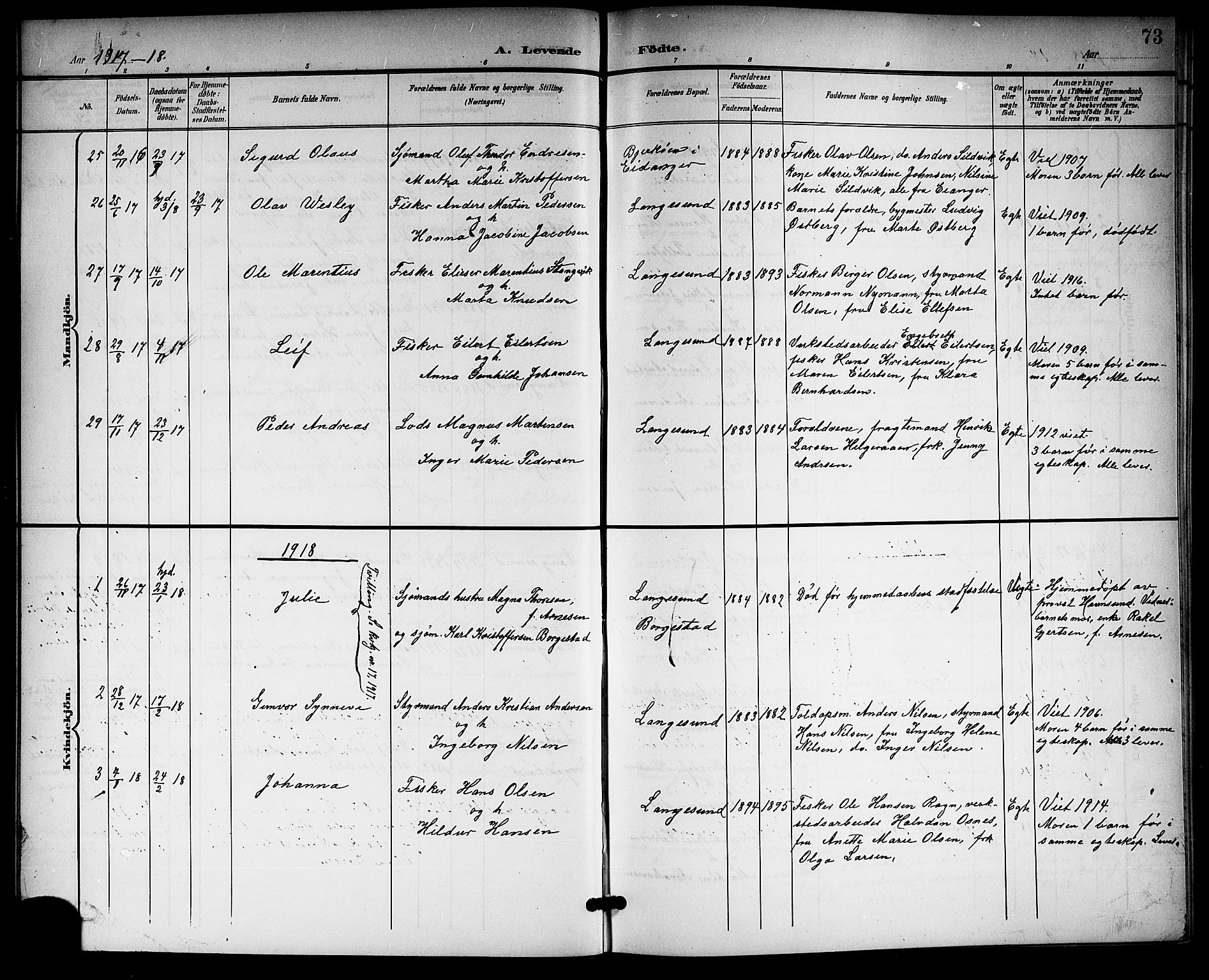 Langesund kirkebøker, SAKO/A-280/G/Ga/L0006: Parish register (copy) no. 6, 1899-1918, p. 73