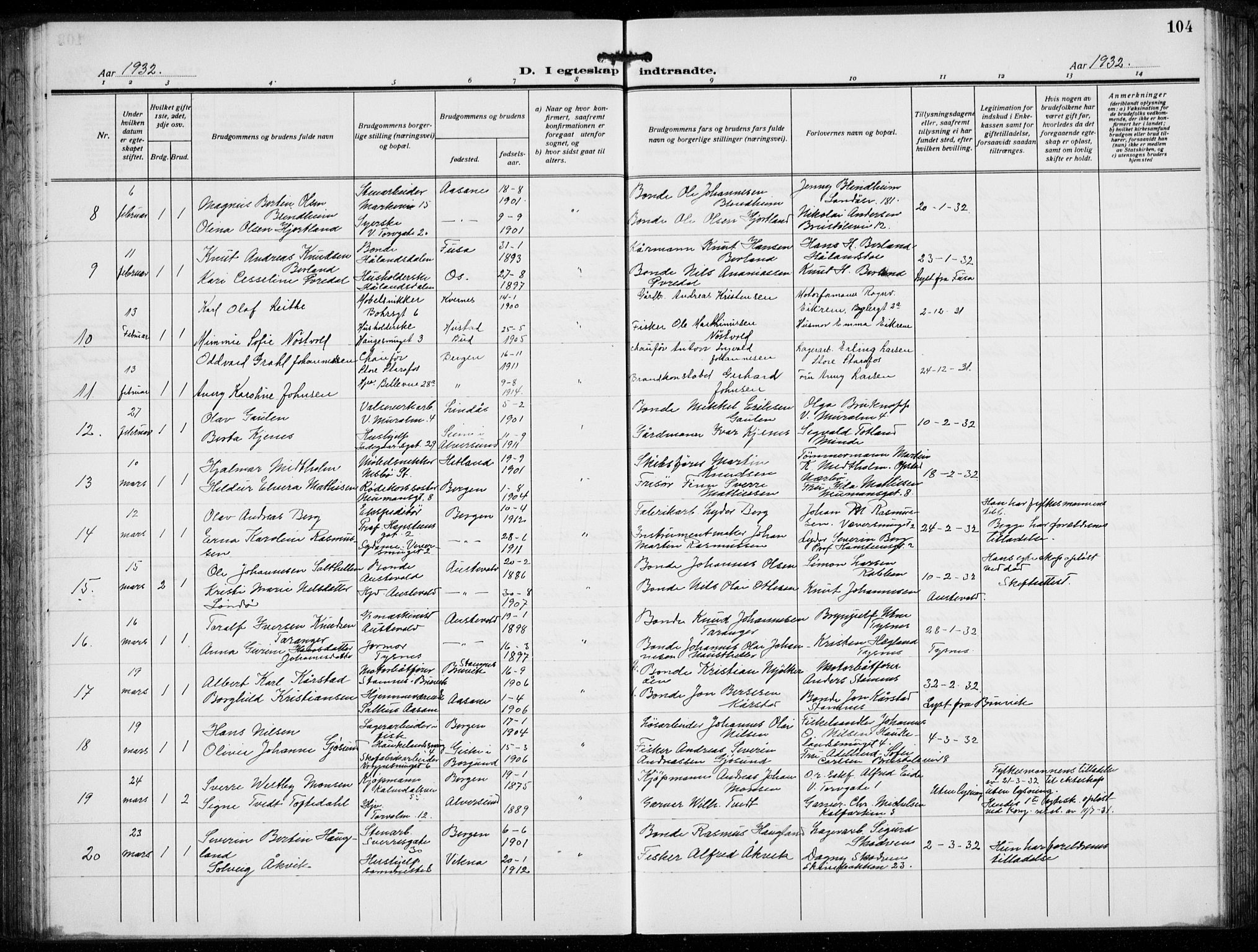 Domkirken sokneprestembete, SAB/A-74801/H/Hab/L0034: Parish register (copy) no. D 6, 1924-1941, p. 104