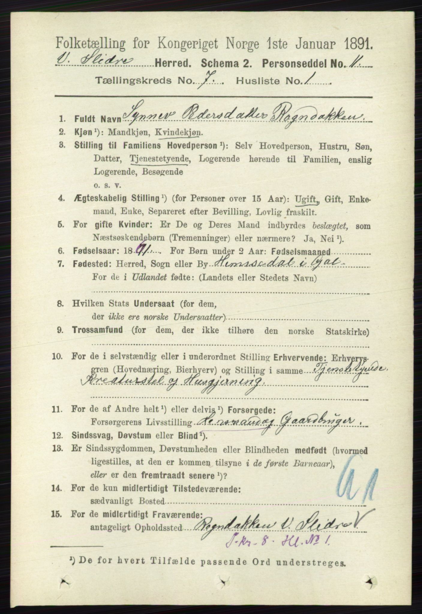 RA, 1891 census for 0543 Vestre Slidre, 1891, p. 2583