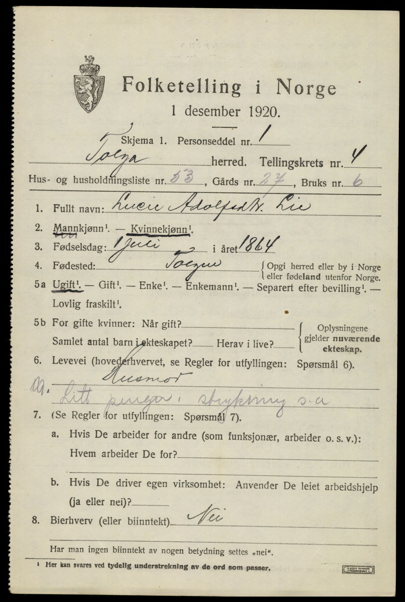 SAH, 1920 census for Tolga, 1920, p. 3199