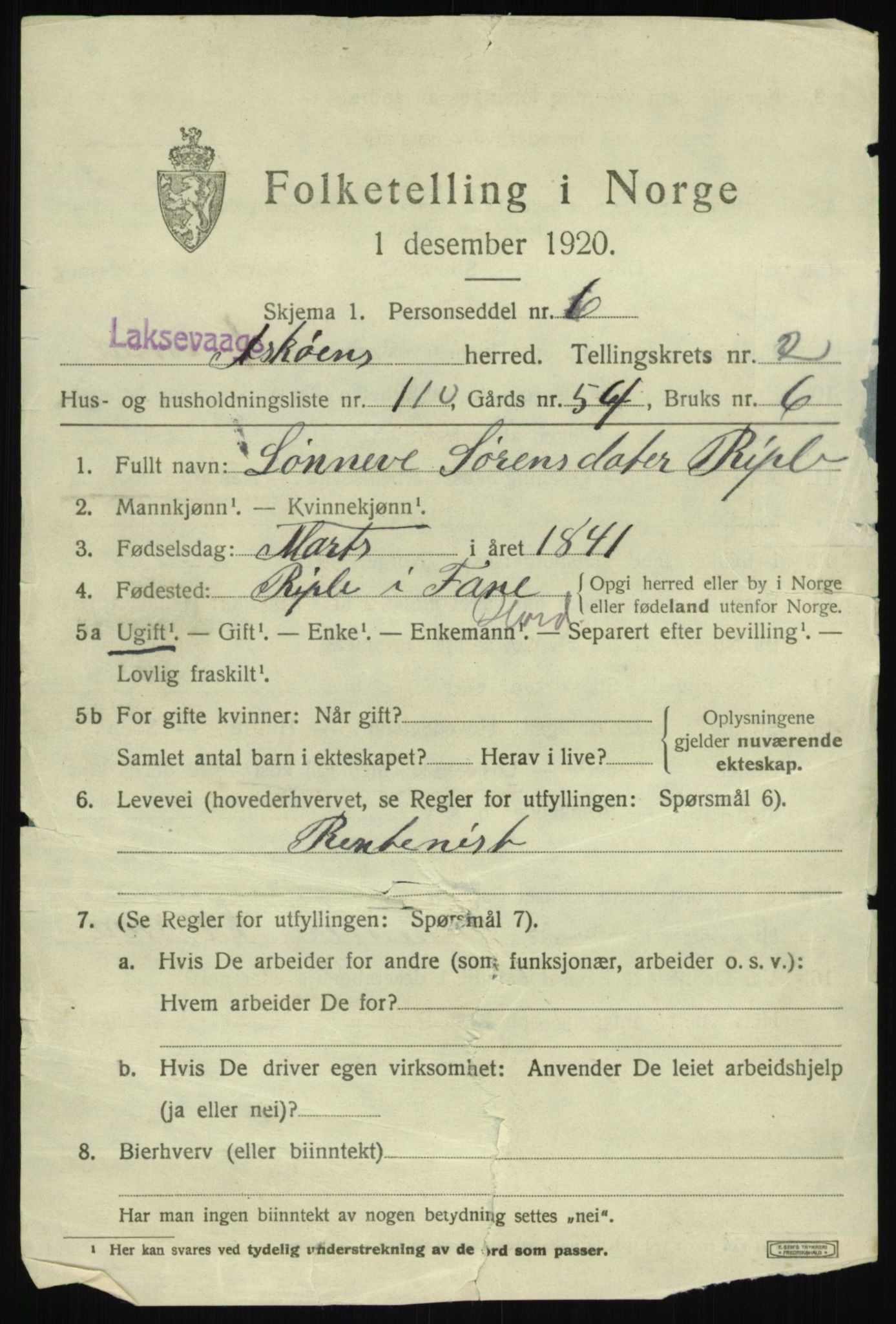 SAB, 1920 census for Laksevåg, 1920, p. 7984