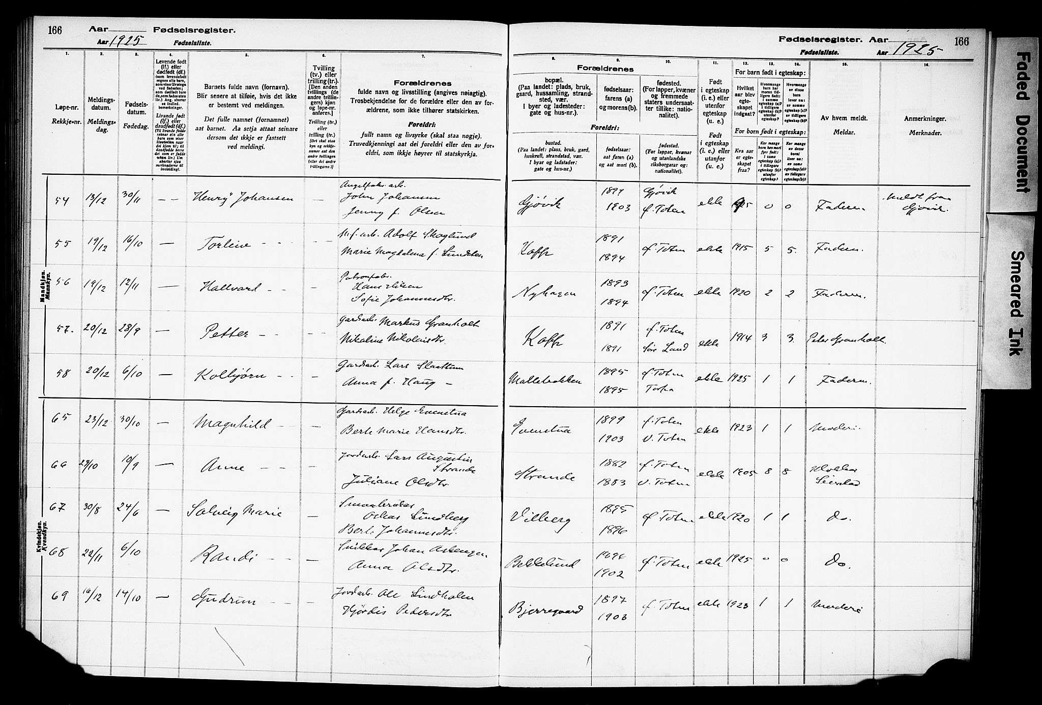 Østre Toten prestekontor, SAH/PREST-104/I/Id/L0001/0001: Birth register no. 1.1, 1916-1928, p. 166