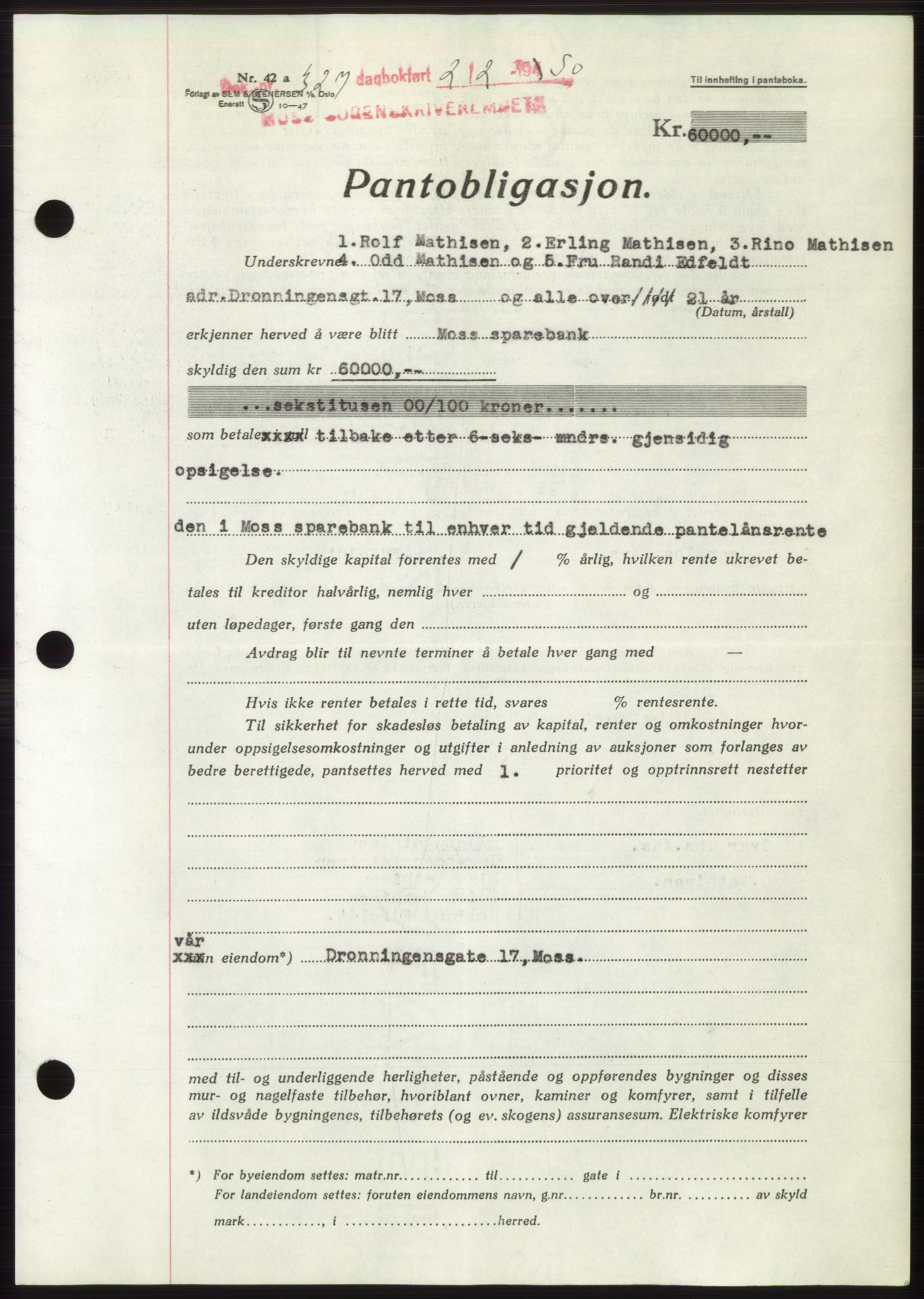 Moss sorenskriveri, SAO/A-10168: Mortgage book no. B23, 1949-1950, Diary no: : 327/1950
