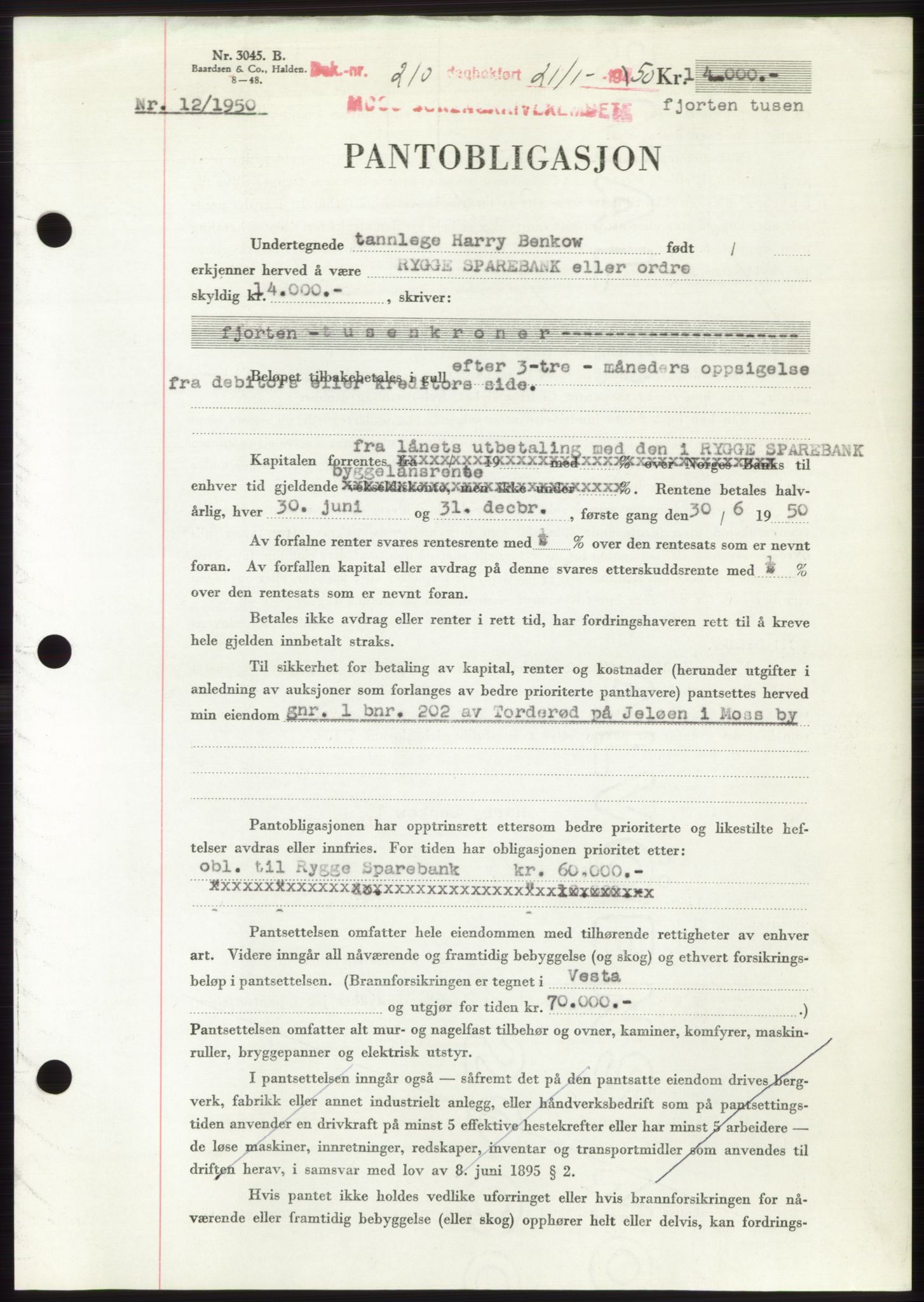 Moss sorenskriveri, SAO/A-10168: Mortgage book no. B23, 1949-1950, Diary no: : 210/1950