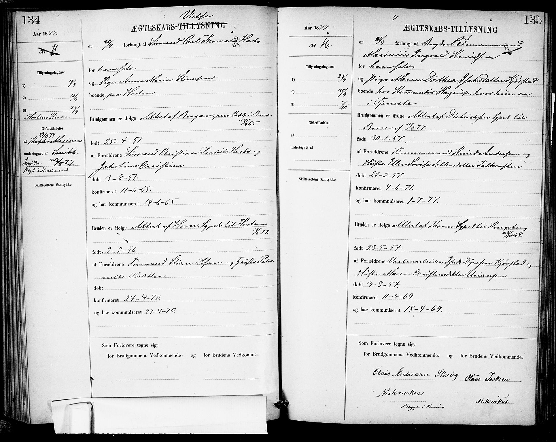 Garnisonsmenigheten Kirkebøker, AV/SAO-A-10846/H/Ha/L0007: Banns register no. I 7, 1872-1893, p. 134-135