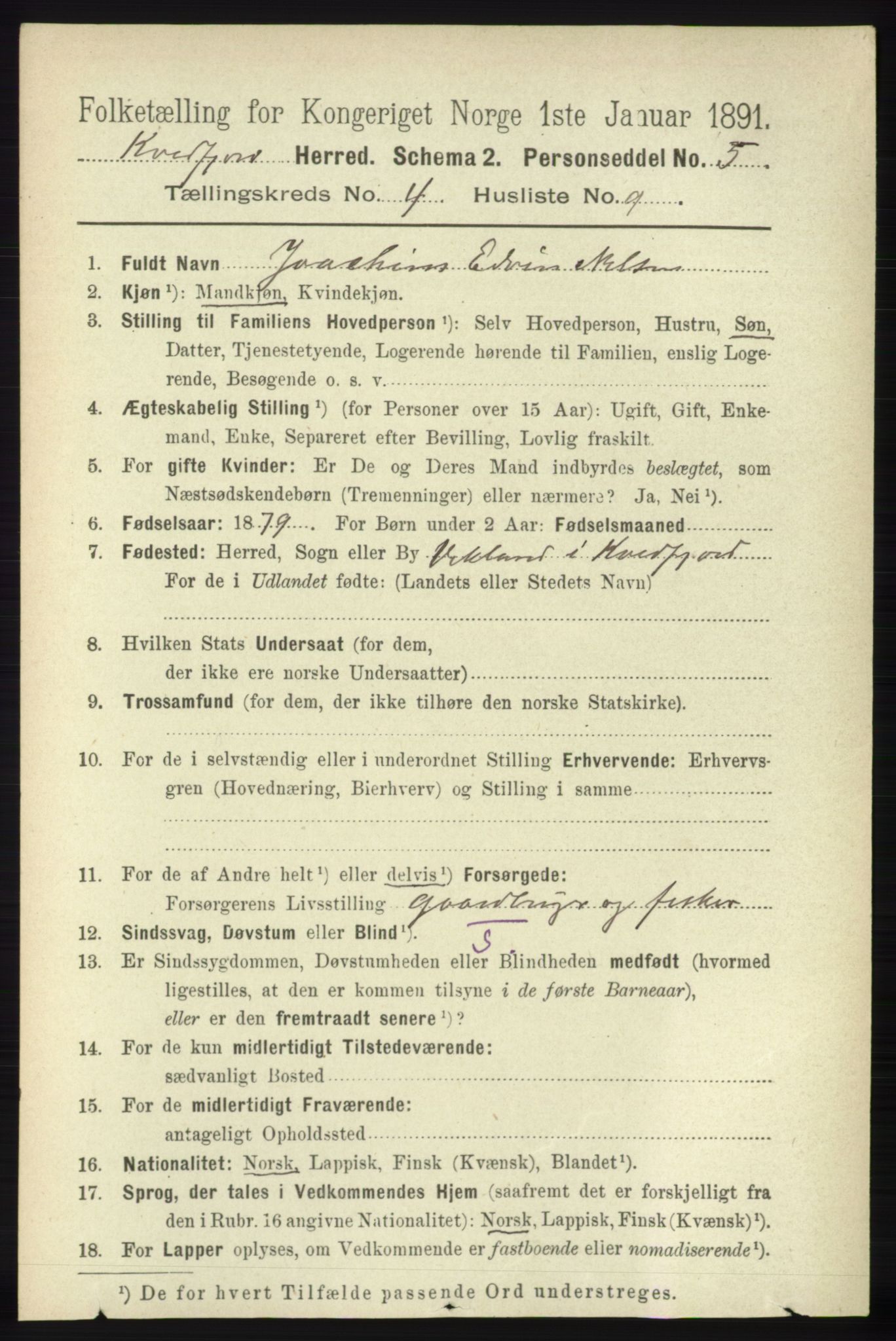 RA, 1891 census for 1911 Kvæfjord, 1891, p. 1942