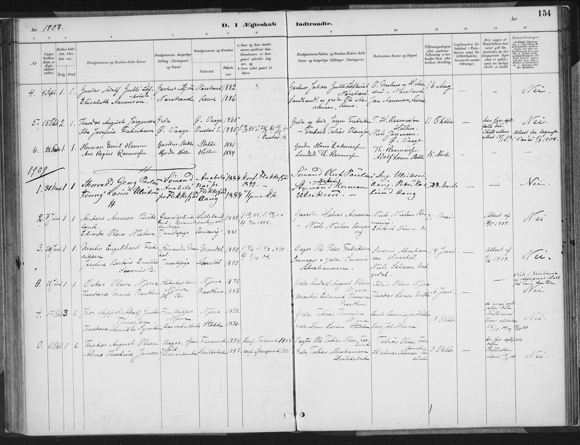 Sør-Audnedal sokneprestkontor, SAK/1111-0039/F/Fa/Faa/L0004: Parish register (official) no. A 4, 1884-1909, p. 154