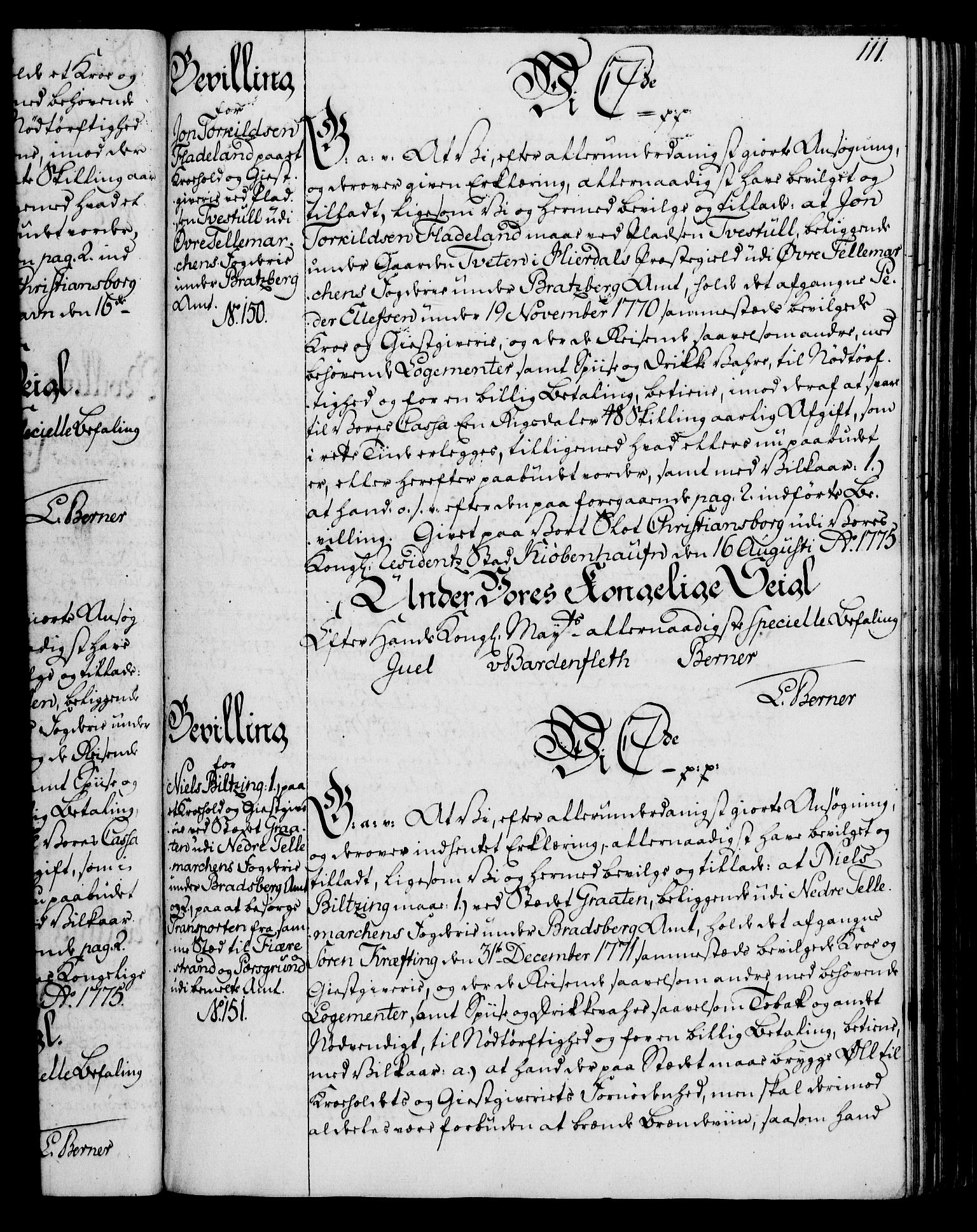 Rentekammeret, Kammerkanselliet, RA/EA-3111/G/Gg/Gga/L0010: Norsk ekspedisjonsprotokoll med register (merket RK 53.10), 1773-1778, p. 111