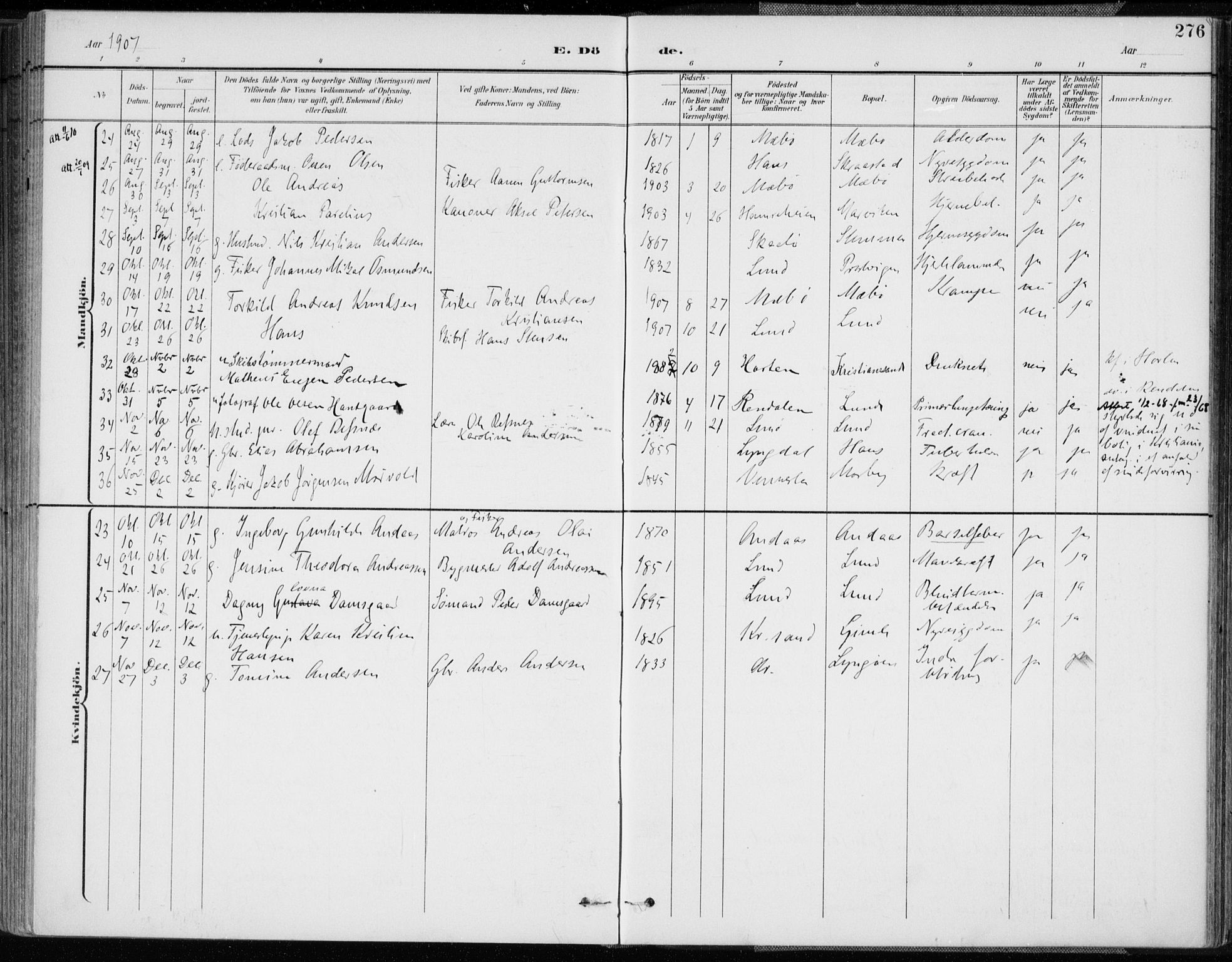 Oddernes sokneprestkontor, AV/SAK-1111-0033/F/Fa/Faa/L0010: Parish register (official) no. A 10, 1897-1911, p. 276