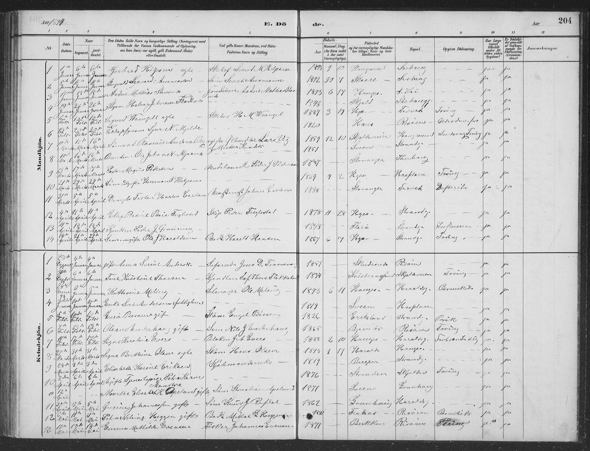 Haugesund sokneprestkontor, SAST/A -101863/H/Ha/Hab/L0002: Parish register (copy) no. B 2, 1881-1894, p. 204