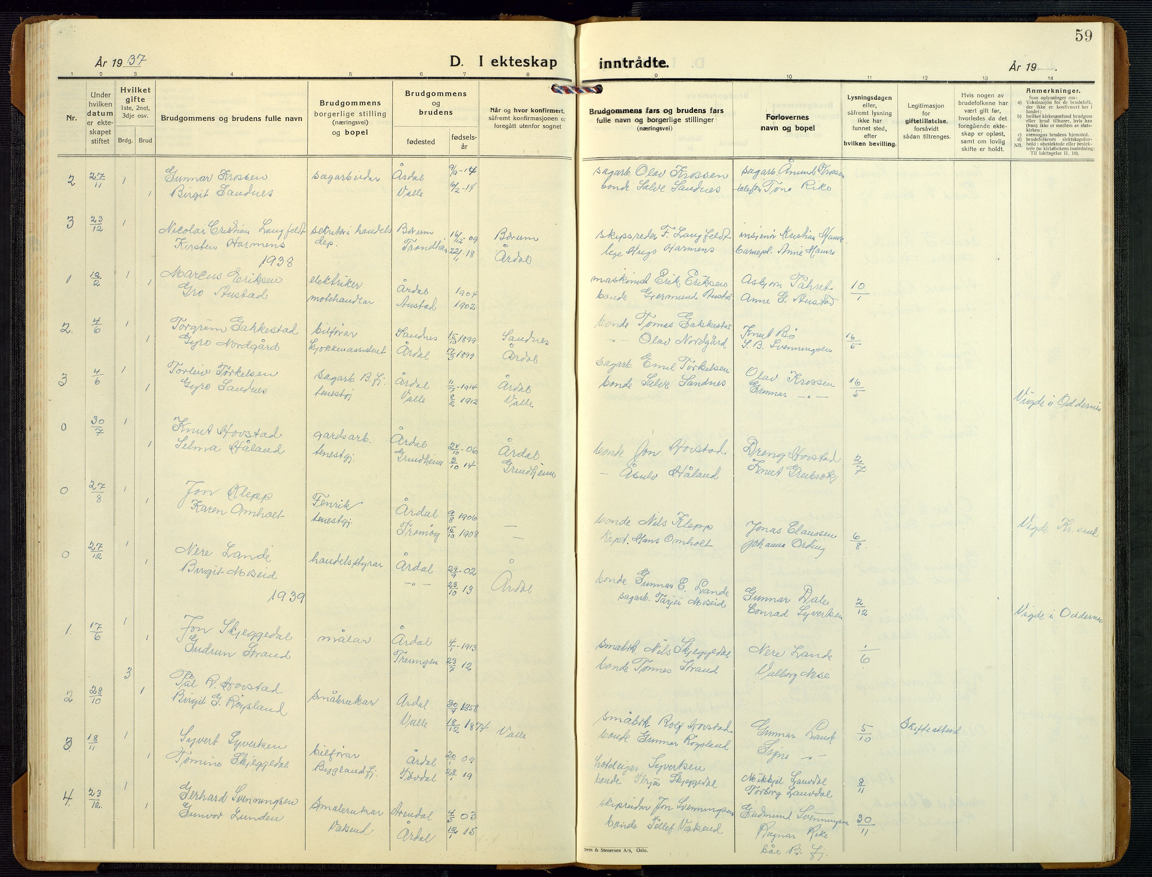 Bygland sokneprestkontor, SAK/1111-0006/F/Fb/Fbd/L0004: Parish register (copy) no. B 4, 1926-1971, p. 59