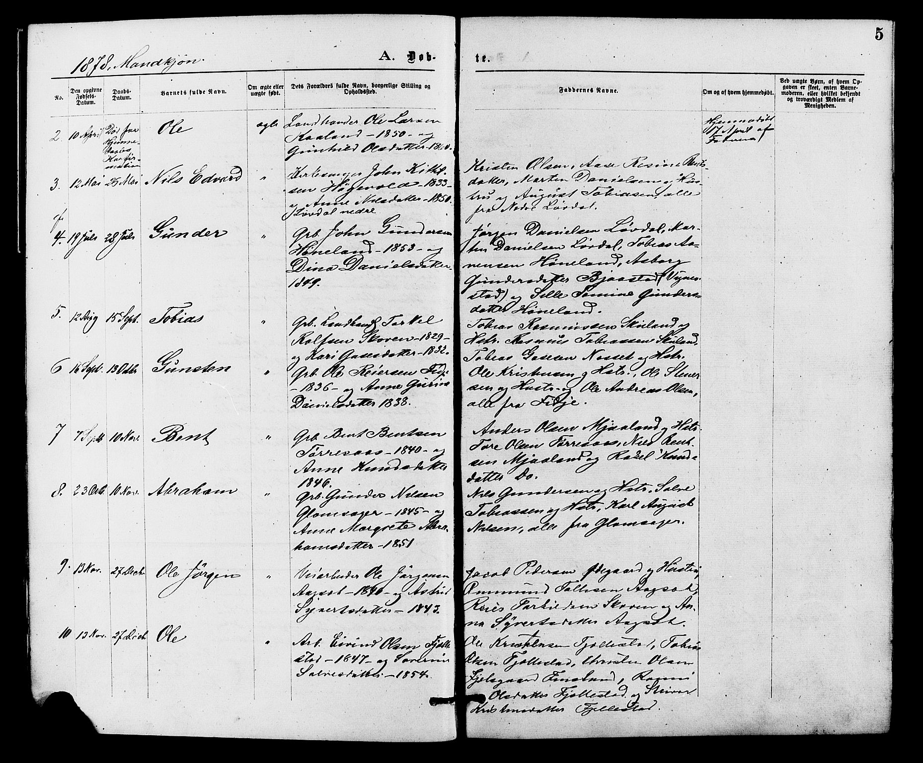 Holum sokneprestkontor, AV/SAK-1111-0022/F/Fa/Fab/L0006: Parish register (official) no. A 6, 1875-1886, p. 5