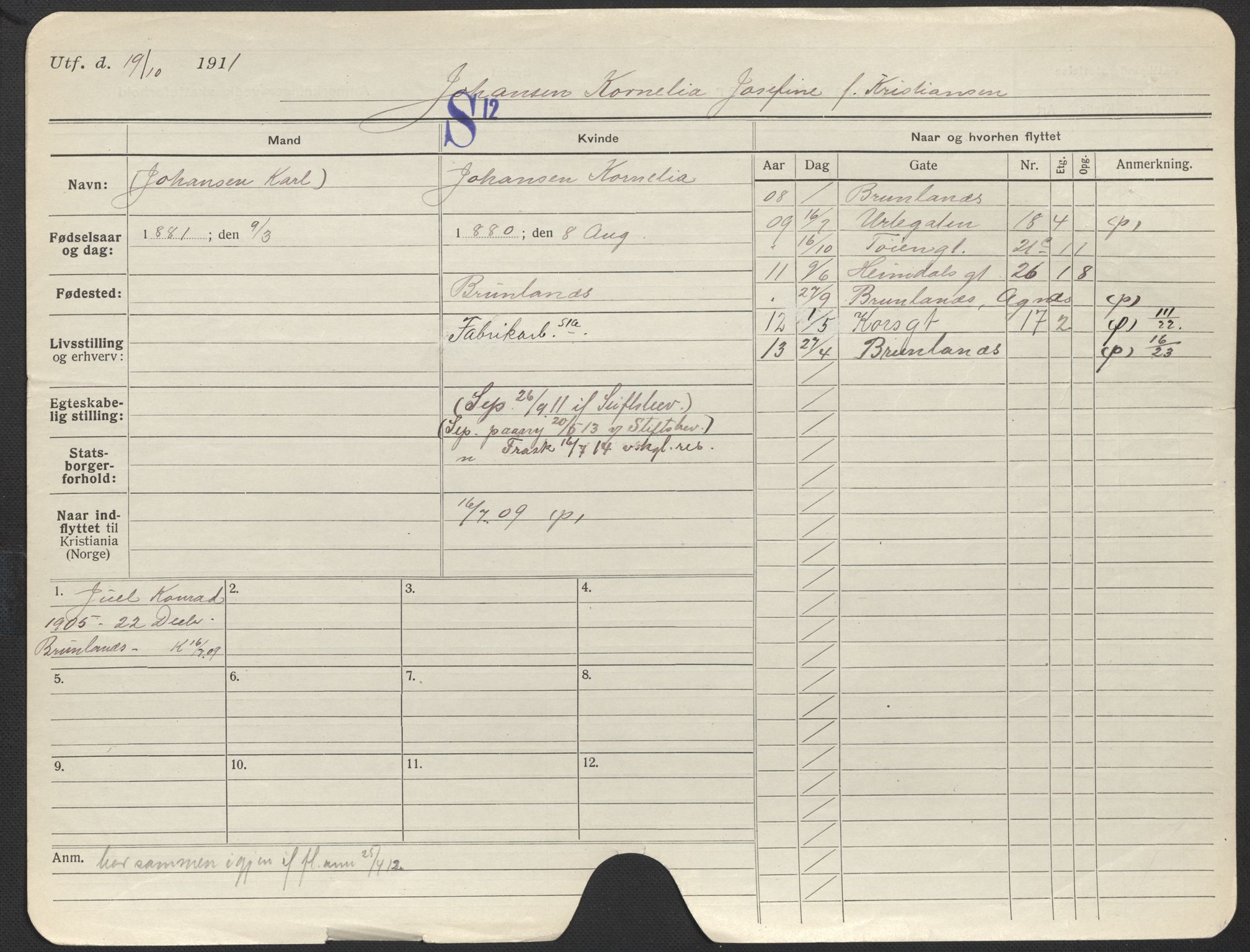 Oslo folkeregister, Registerkort, AV/SAO-A-11715/F/Fa/Fac/L0018: Kvinner, 1906-1914, p. 227a