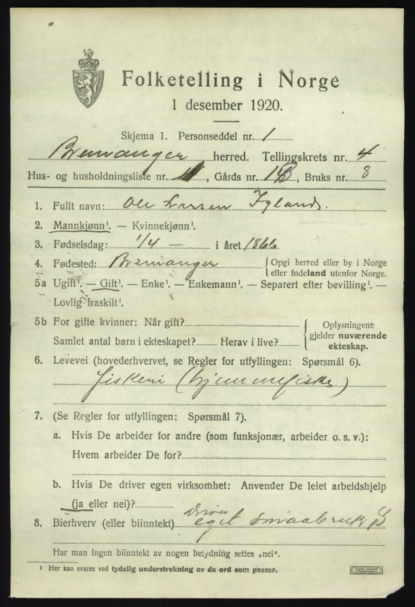 SAB, 1920 census for Bremanger, 1920, p. 2758