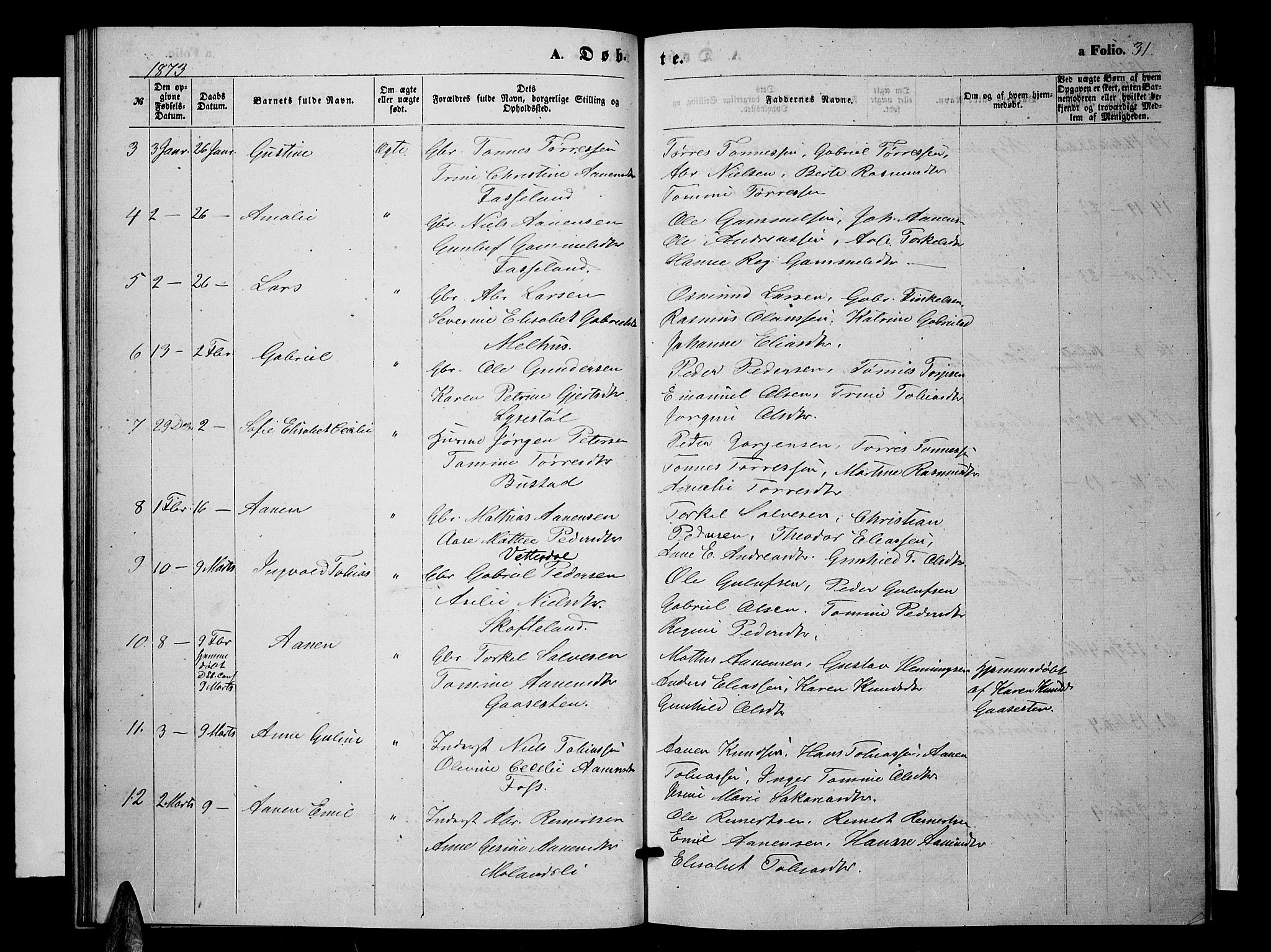 Sør-Audnedal sokneprestkontor, AV/SAK-1111-0039/F/Fb/Fbb/L0004: Parish register (copy) no. B 4, 1868-1879, p. 31