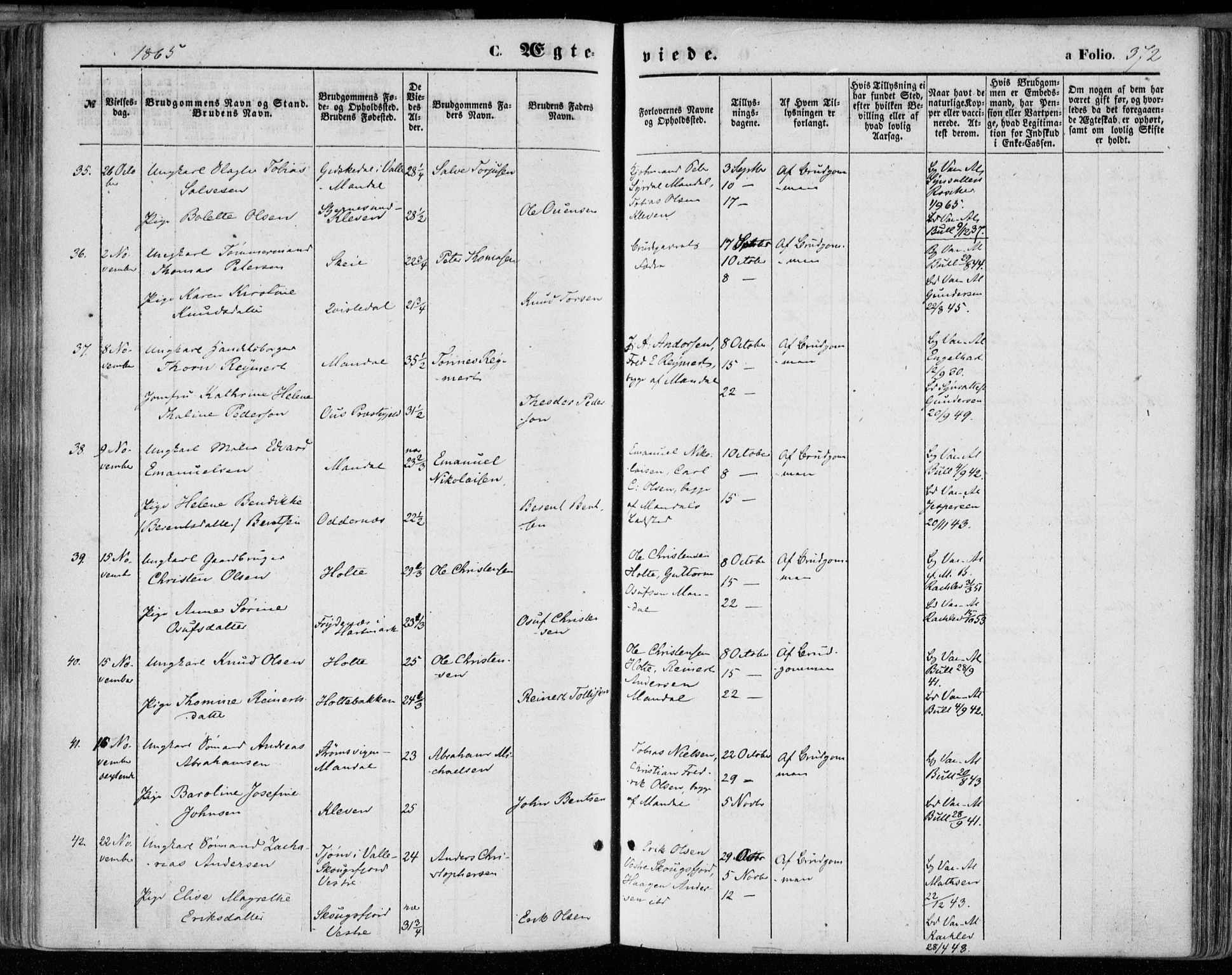 Mandal sokneprestkontor, AV/SAK-1111-0030/F/Fa/Faa/L0014: Parish register (official) no. A 14, 1859-1872, p. 372