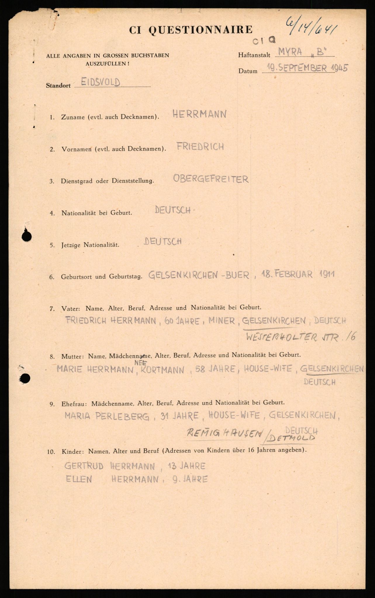 Forsvaret, Forsvarets overkommando II, AV/RA-RAFA-3915/D/Db/L0013: CI Questionaires. Tyske okkupasjonsstyrker i Norge. Tyskere., 1945-1946, p. 63