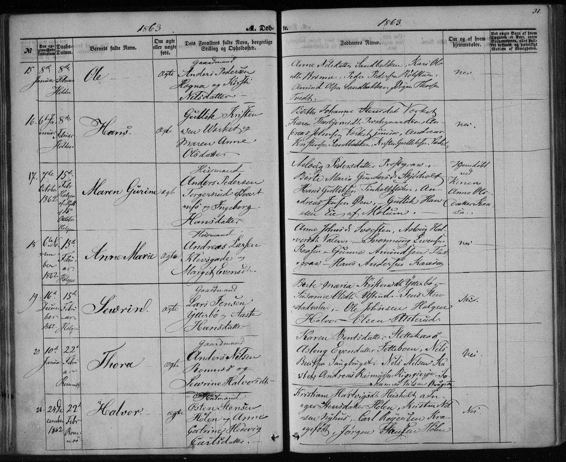 Holla kirkebøker, SAKO/A-272/F/Fa/L0006: Parish register (official) no. 6, 1861-1869, p. 31