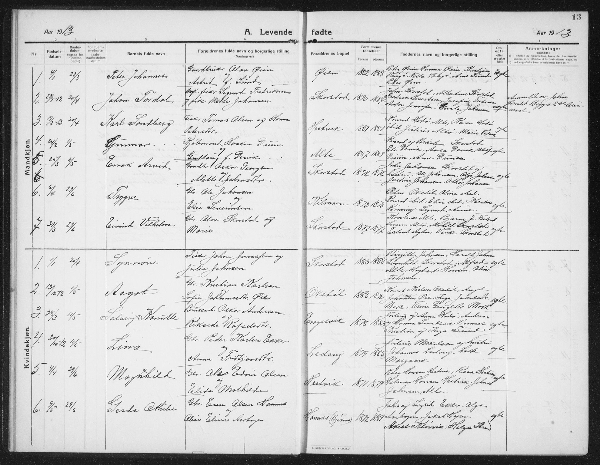 Ministerialprotokoller, klokkerbøker og fødselsregistre - Nord-Trøndelag, SAT/A-1458/774/L0630: Parish register (copy) no. 774C01, 1910-1934, p. 13