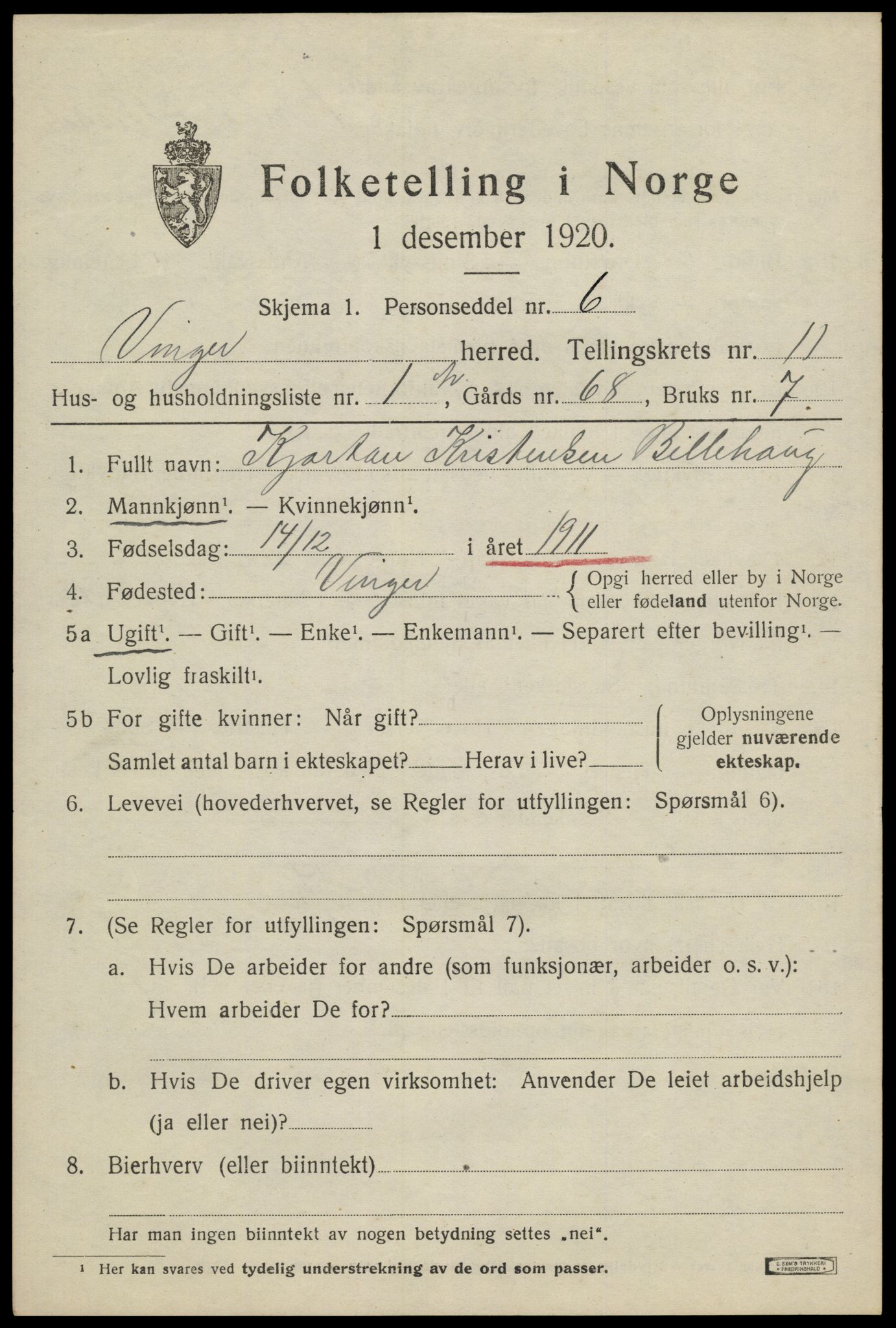 SAH, 1920 census for Vinger, 1920, p. 8928