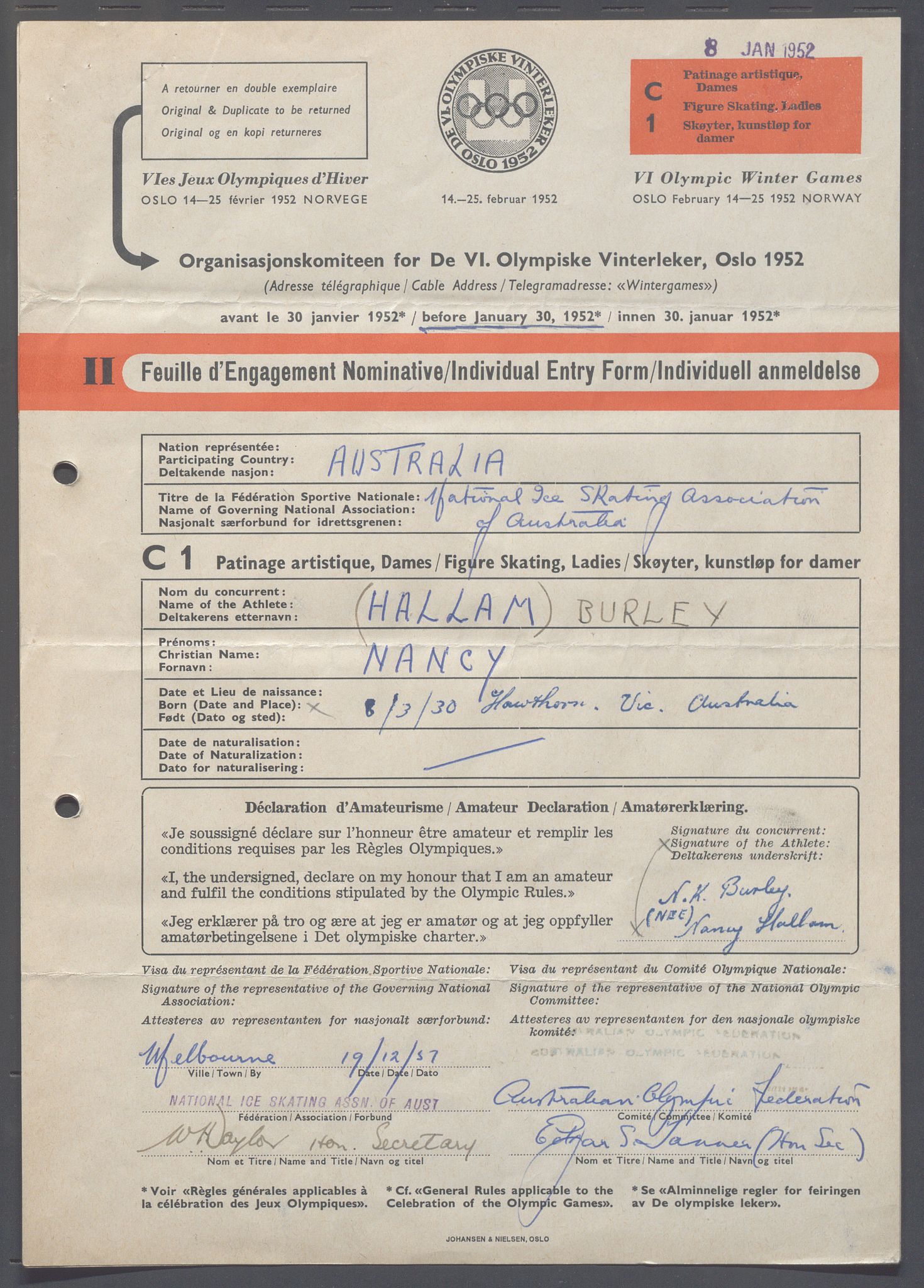 Organisasjonskomiteen for de VI. olympiske vinterleker, OBA/A-20130/H/Ha, 1951-1952, p. 1277