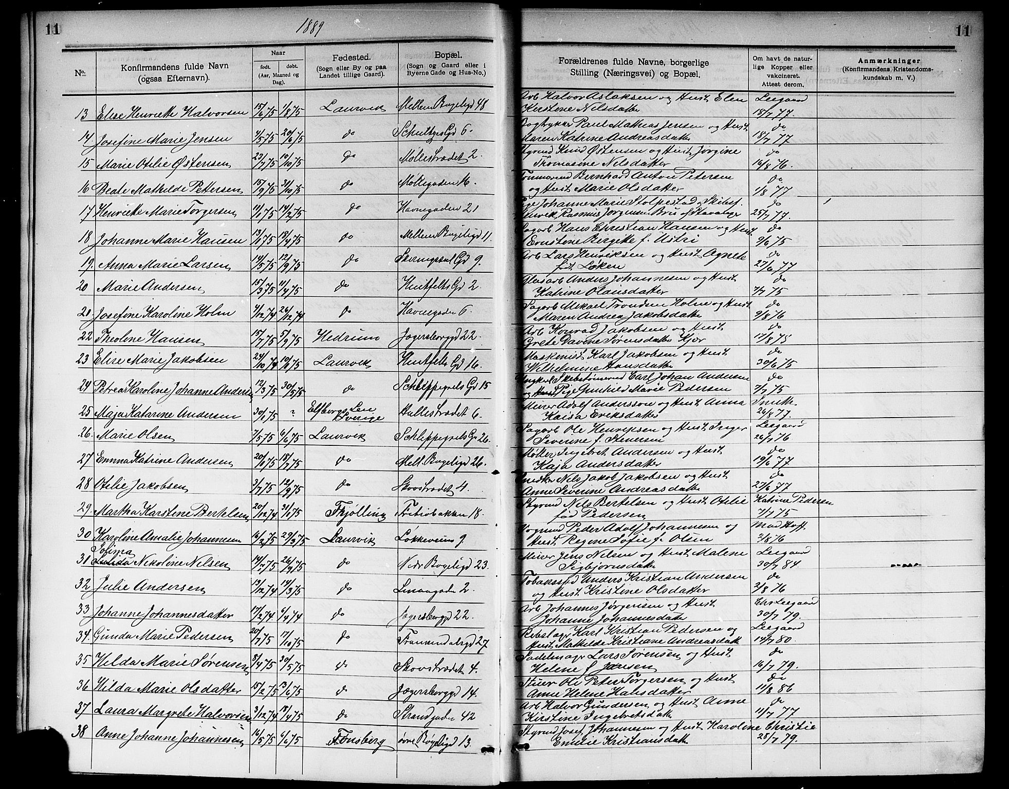 Larvik kirkebøker, SAKO/A-352/G/Ga/L0006: Parish register (copy) no. I 6, 1888-1917, p. 11