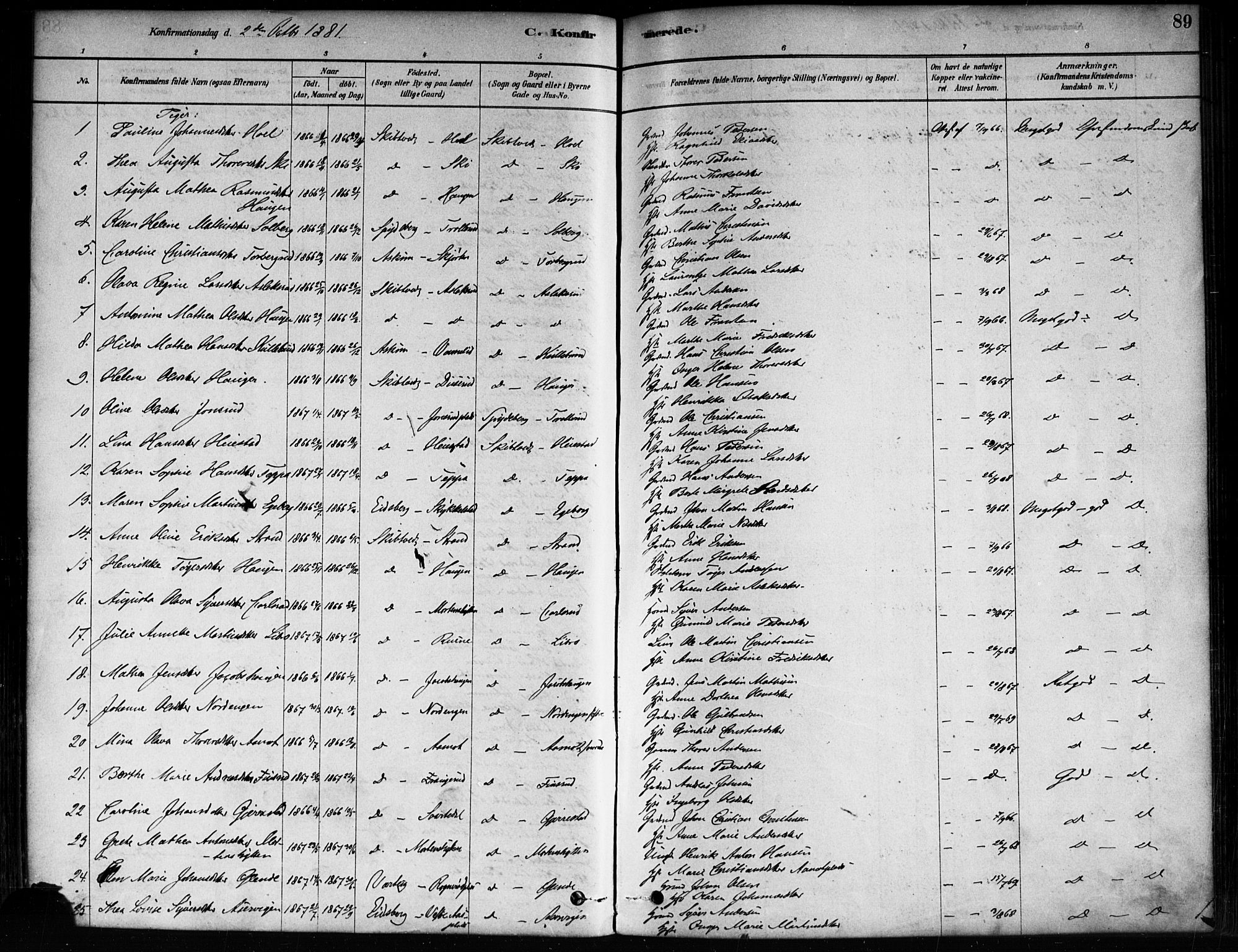 Skiptvet prestekontor Kirkebøker, SAO/A-20009/F/Fa/L0009: Parish register (official) no. 9, 1878-1900, p. 89