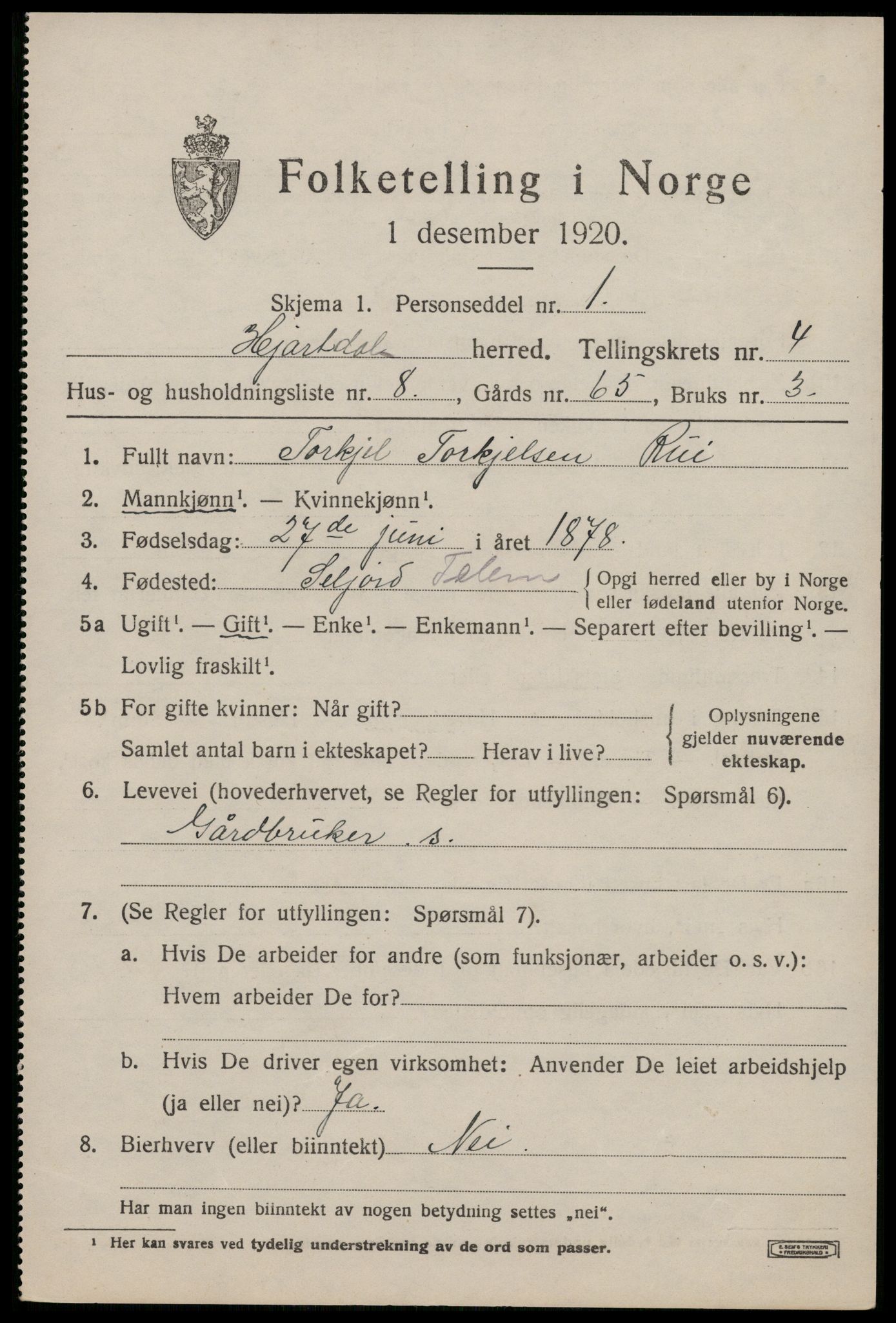 SAKO, 1920 census for Hjartdal, 1920, p. 2864