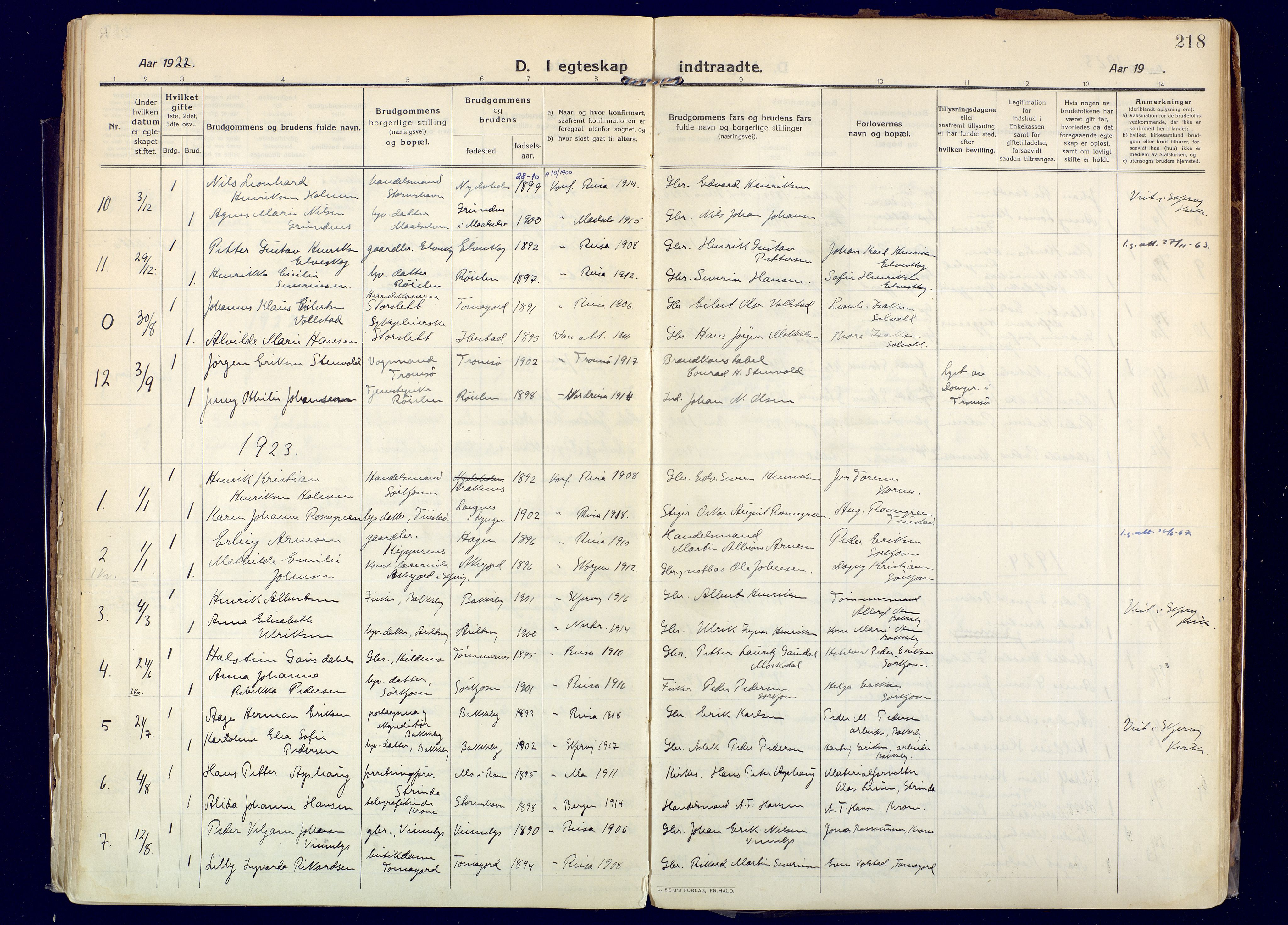 Skjervøy sokneprestkontor, AV/SATØ-S-1300/H/Ha/Haa: Parish register (official) no. 20, 1911-1931, p. 218