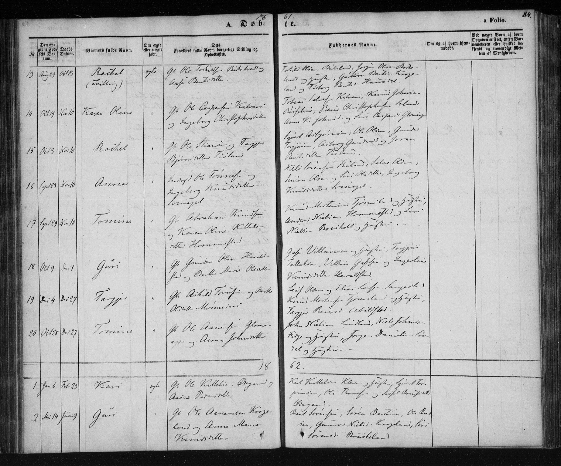 Holum sokneprestkontor, AV/SAK-1111-0022/F/Fa/Fab/L0005: Parish register (official) no. A 5, 1847-1874, p. 84