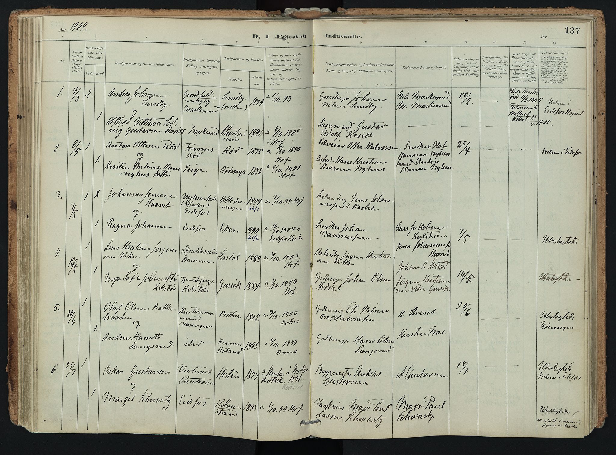 Hof kirkebøker, AV/SAKO-A-64/F/Fa/L0008: Parish register (official) no. I 8, 1902-1921, p. 137